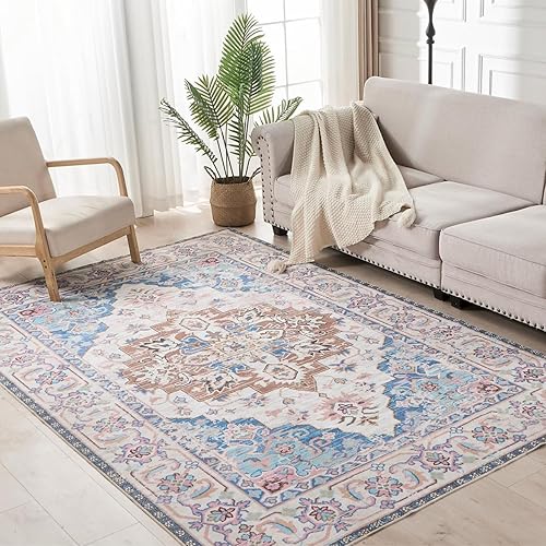 Washable Area Rug, 5x7 Area Rug for Living Room, Soft Area Rug for Bedroom, Vintage Design, Stain Resistant Rugs, TPR Anti-Slip Backing, Non Shedding, Floral Area Rug