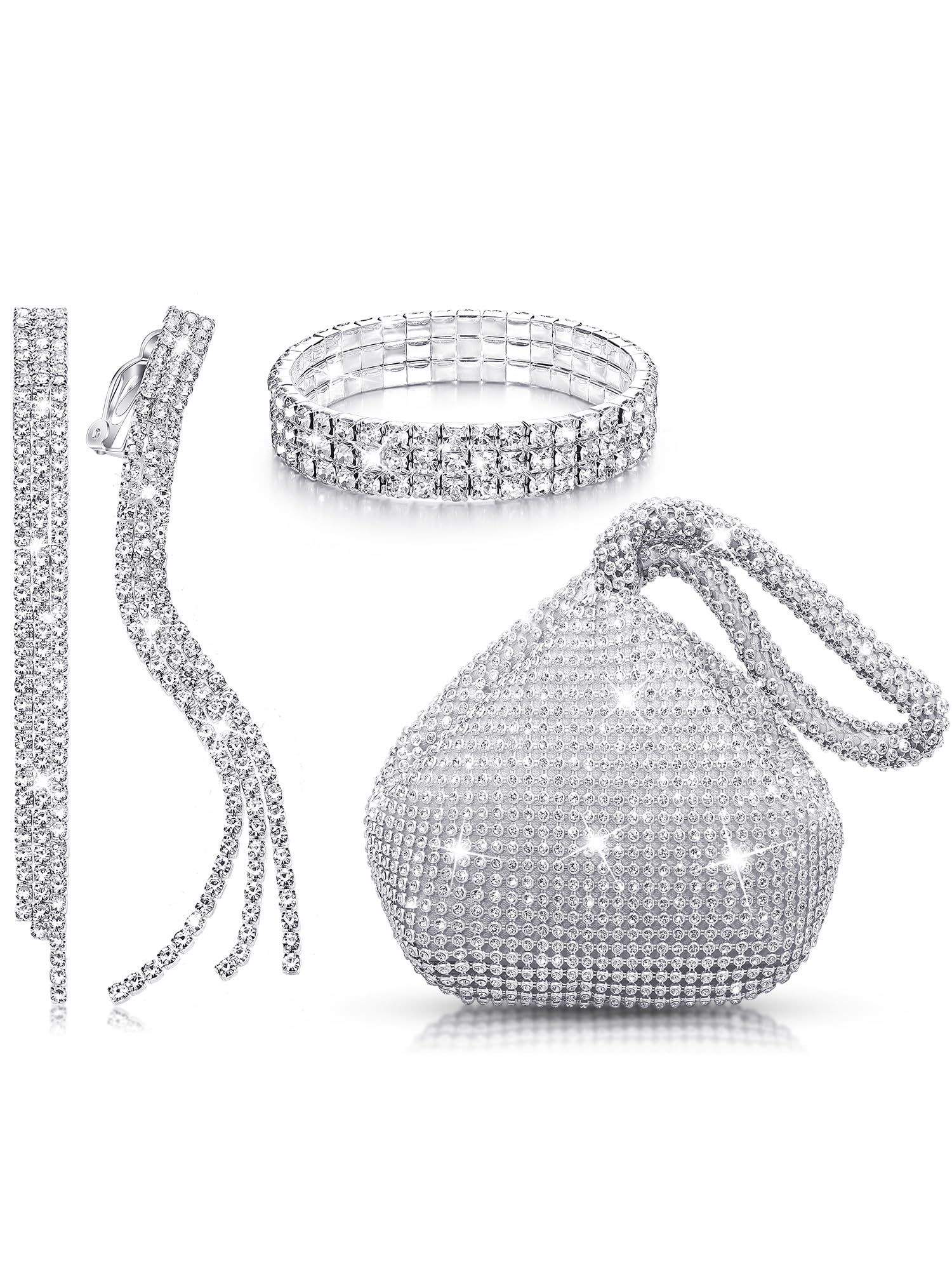 Women Clutch Purse Rhinestone Jewelry Set 4 Pieces Rhinestone Ear Clip Bridal Wedding Choker Bracelet Dangle Ear Clip Triangle Bling Glitter Purse for Party