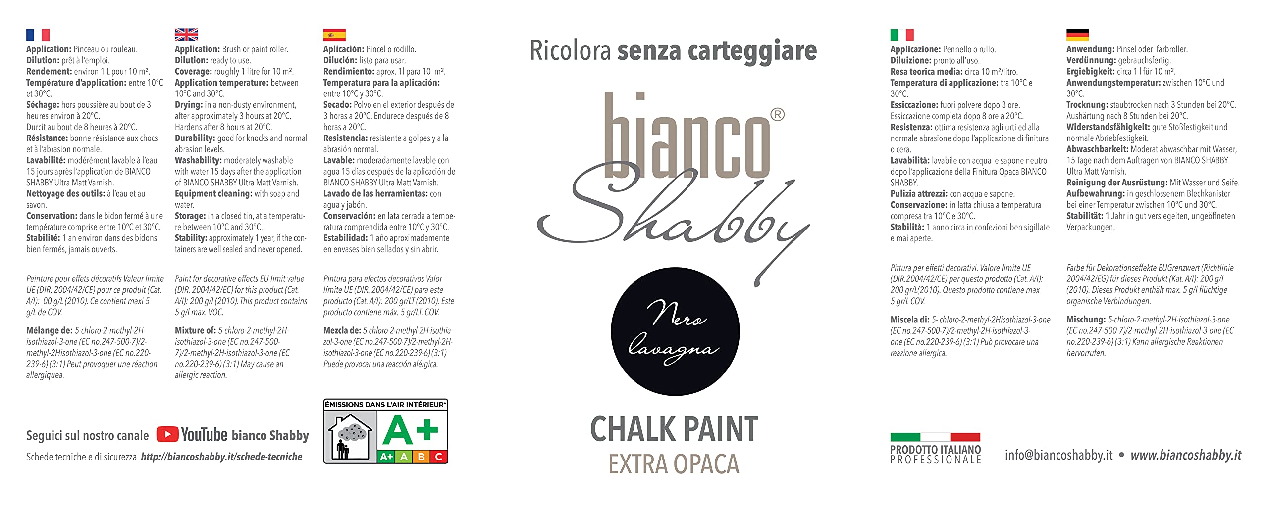 bianco Shabby® Nero Lavagna farba kredowa na bazie wody do wszystkich powierzchni i idealna do efektów dekoracyjnych – farba kredowa Extra Matt (2,5 l)