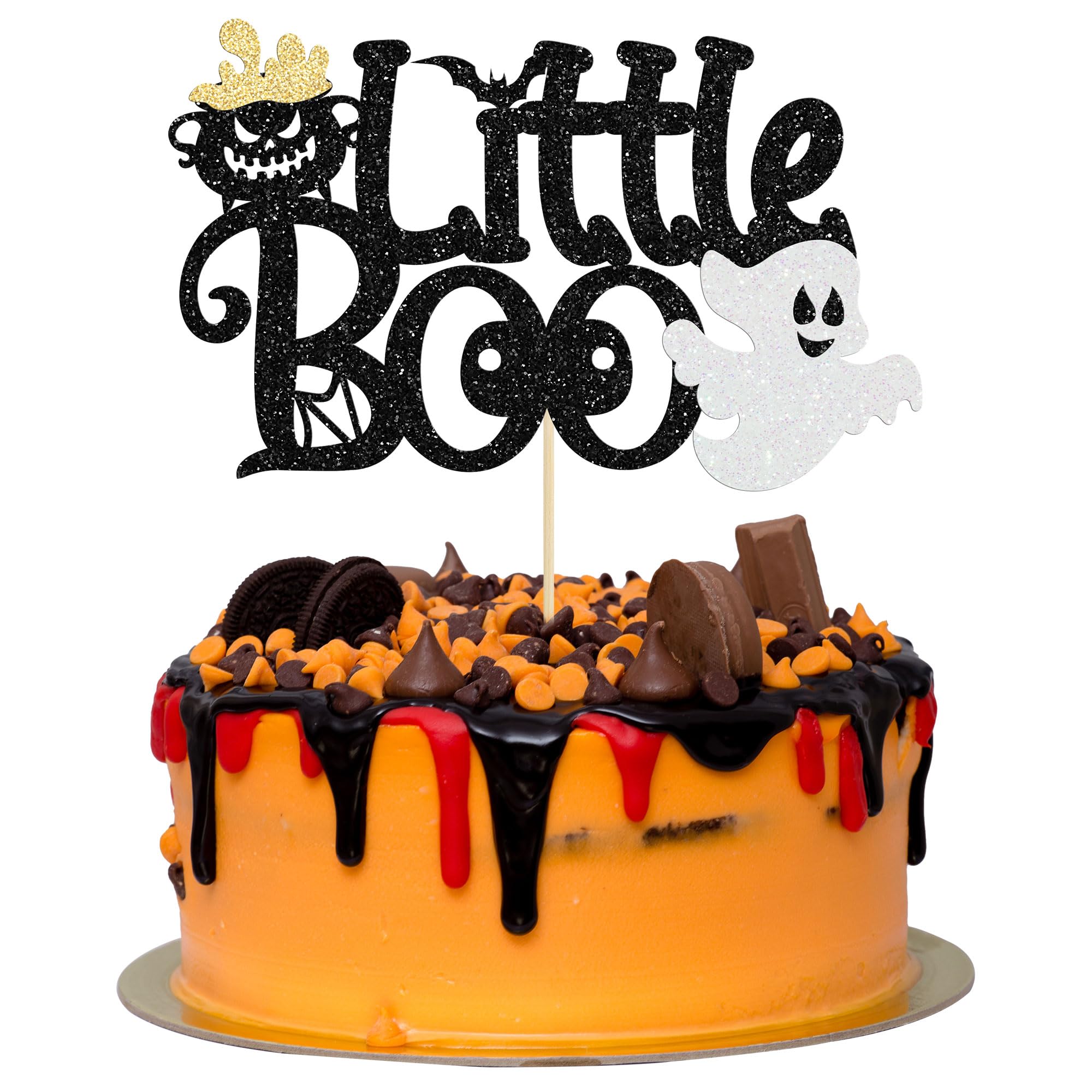 1Pc Little Boo Halloween Cake Topper Glitter Happy Boo Day Ghost Cake Pick Decoration for Baby Shower Kids Birthday Happy Halloween Party Cupcake Decoration Supplies Black