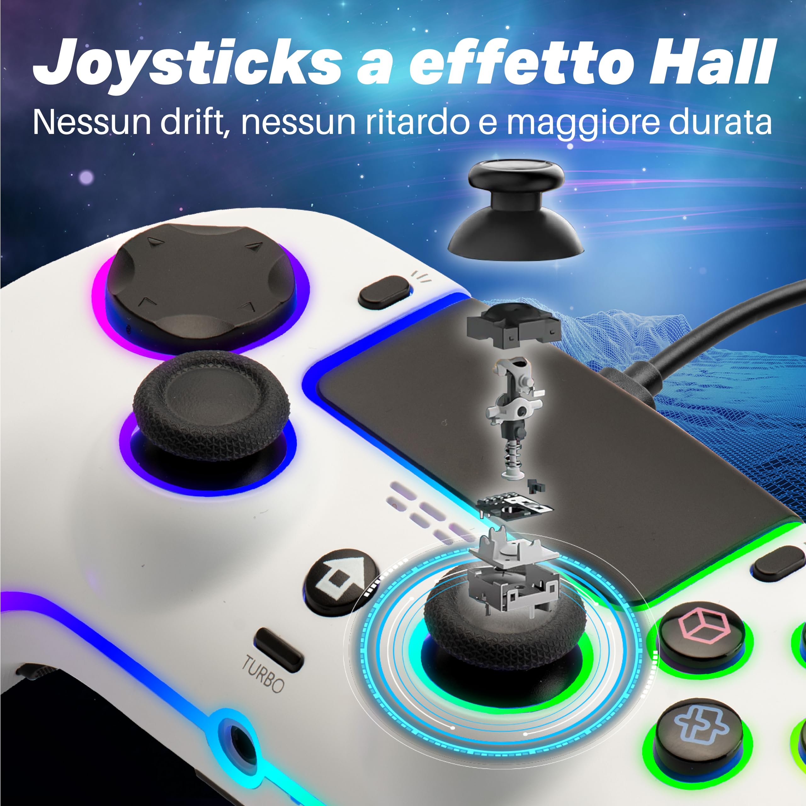 NITHO NOVA Controller Cablato Compatibile con PS5/PC/MAC/Android, Gamepad con Effetto Hall/Paddles Programmabili/Turbo/Giroscopio 6 Assi/Doppia Vibrazione/Touchpad/Illuminazione RGB/Jack Audio