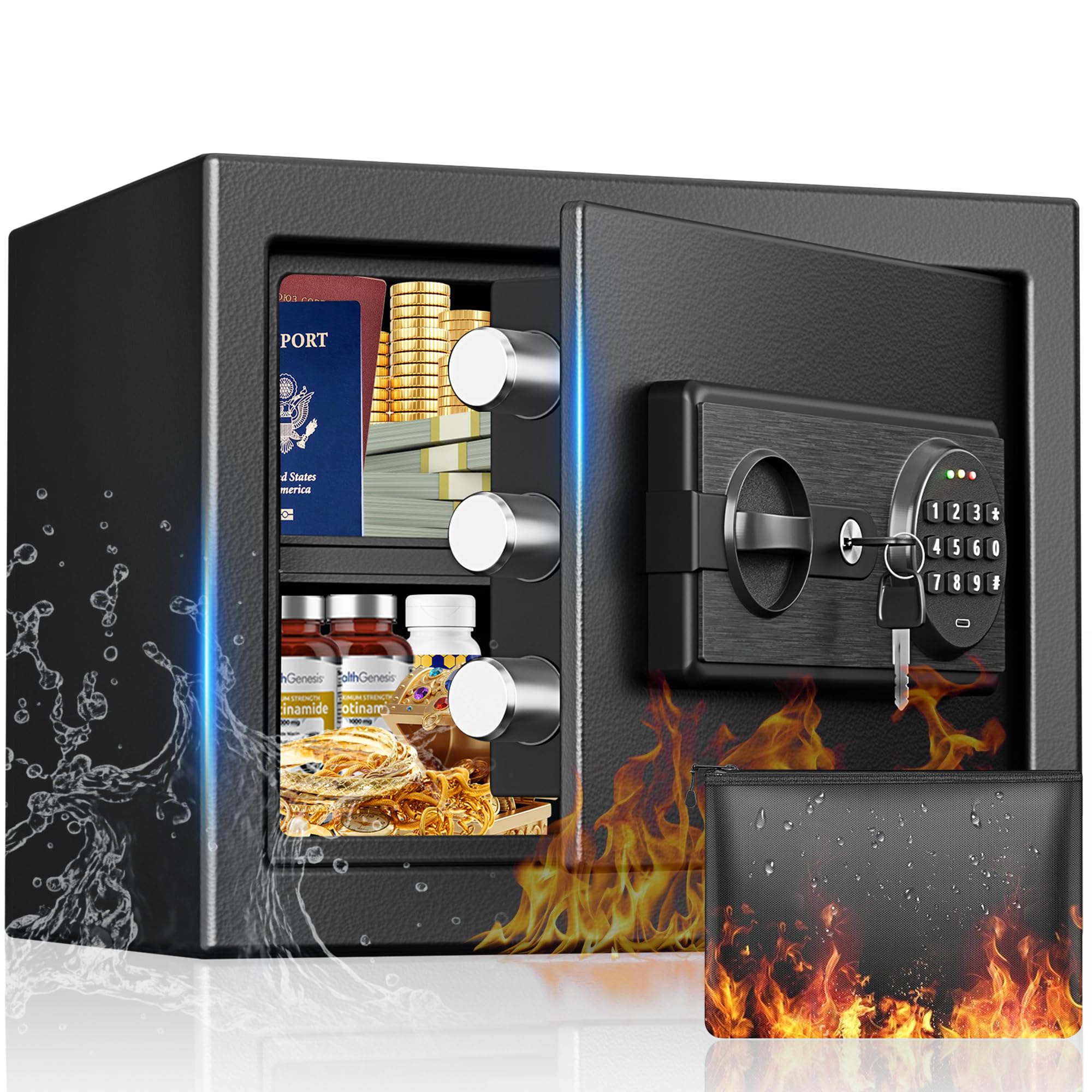 Photo 1 of 1.2 Cub Small Fireproof Safe Box for Home, Anti-Theft Security Home Safes Water Fireproof with Digital Keypad & Key Lock & Fireproof Bag, Safes for Cash, Documents, Jewelry, 9.84"H x 13.78"W x 9.84"D