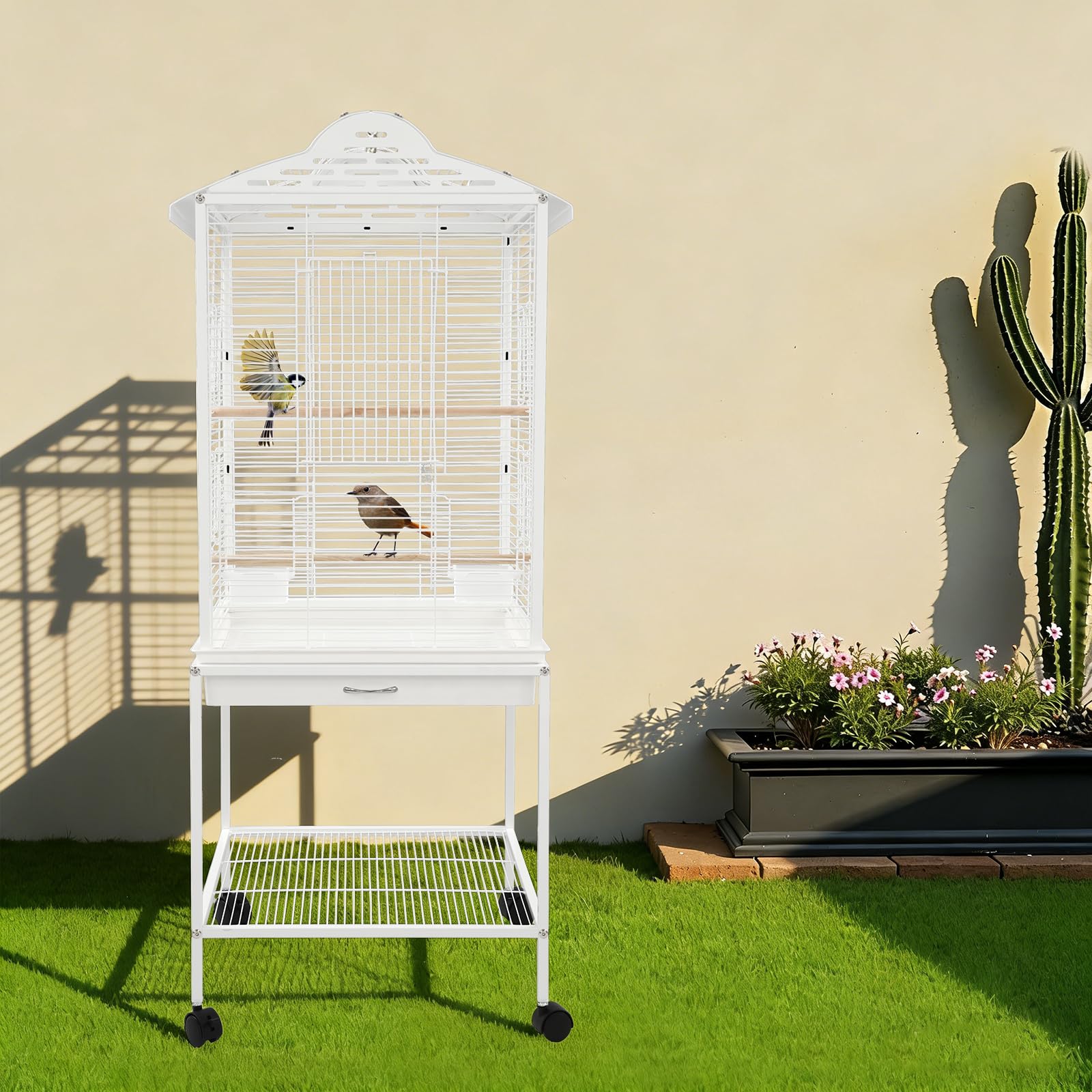Vogelkäfig Wellensittich Groß mit Rollen 122 cm, Voliere für Sittiche & Papageien, Freisitz Dachöffnung, Herausziehbare Schublade, Futternäpfe, Vogelvoliere Innenraum mit Ablagefach, 48 × 46 × 122 cm