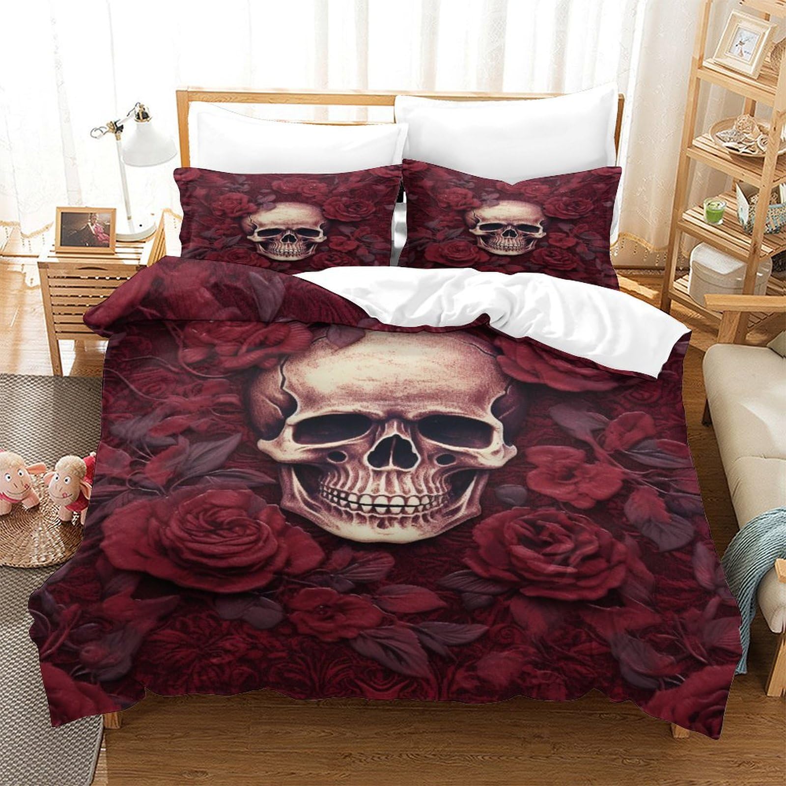 P1S9U7W5Y Gothic 3D Printed Skull Duvet Cover Set 3pcs Microfiber Rose Bedding Set King