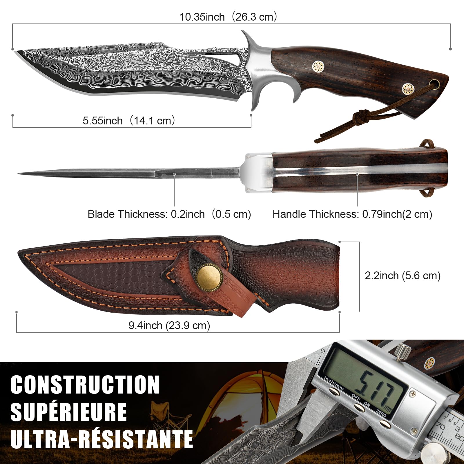 Couteau outdoor lame fixe 26,4 cm, couteau artisanal avec étui en cuir, acier damas 67 couches avec noyau VG10 et manche en bois, outil pour camping, bushcraft et activités en plein air