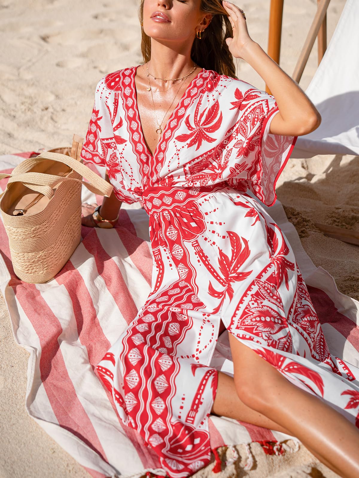 CUPSHE Maxi abito estivo da donna, stile boho, con scollo a V, mezza manica a dolman, vita imperiale, spacco laterale, prendisole per vacanze e spiaggia