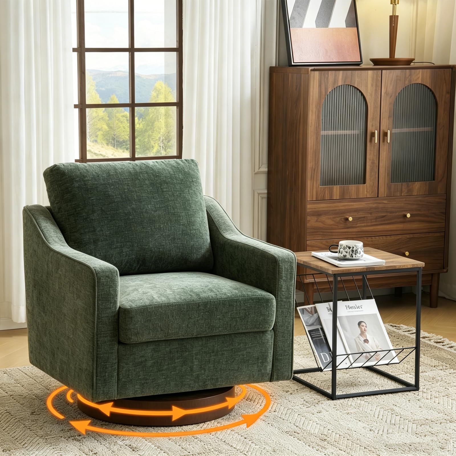 Bonnlo Swivel Armchair, Mid-Century Modern Comfy Accent Chair, 360°Upholstered Thick Cushion Small Tub Chair, Comfortable Lounge Chair with Track Arms Perfect for Bedroom, Apartment, Office, Green