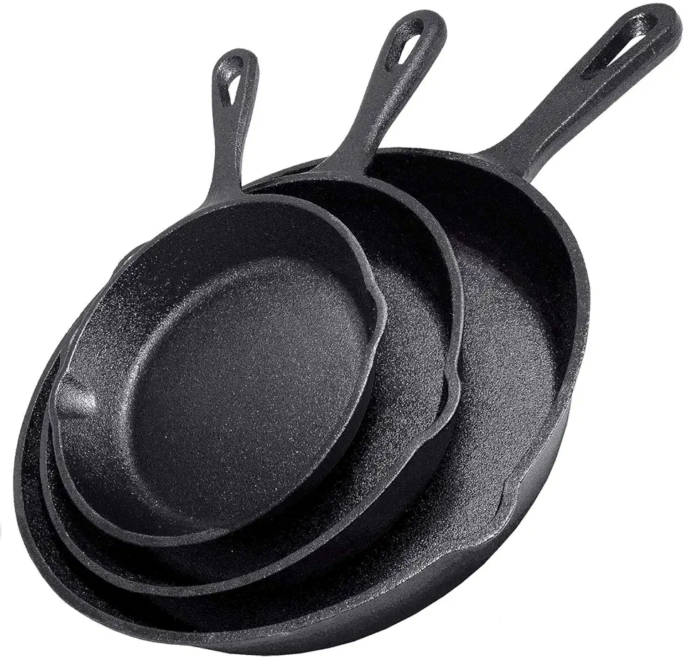 Cast Iron Skillet 3-Piece Set - Heavy-Duty Professional Restaurant Chef Quality Pre-Seasoned Pan Cookware Set - 10", 8", 6" Pans - For Frying, Saute,