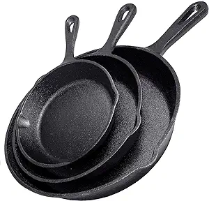 Cast Iron Skillet 3-Piece Set - Heavy-Duty Professional Restaurant Chef Quality Pre-Seasoned Pan Cookware Set - 10", 8", 6" Pans - For Frying, Saute, Cooking, Pizza & More,Black