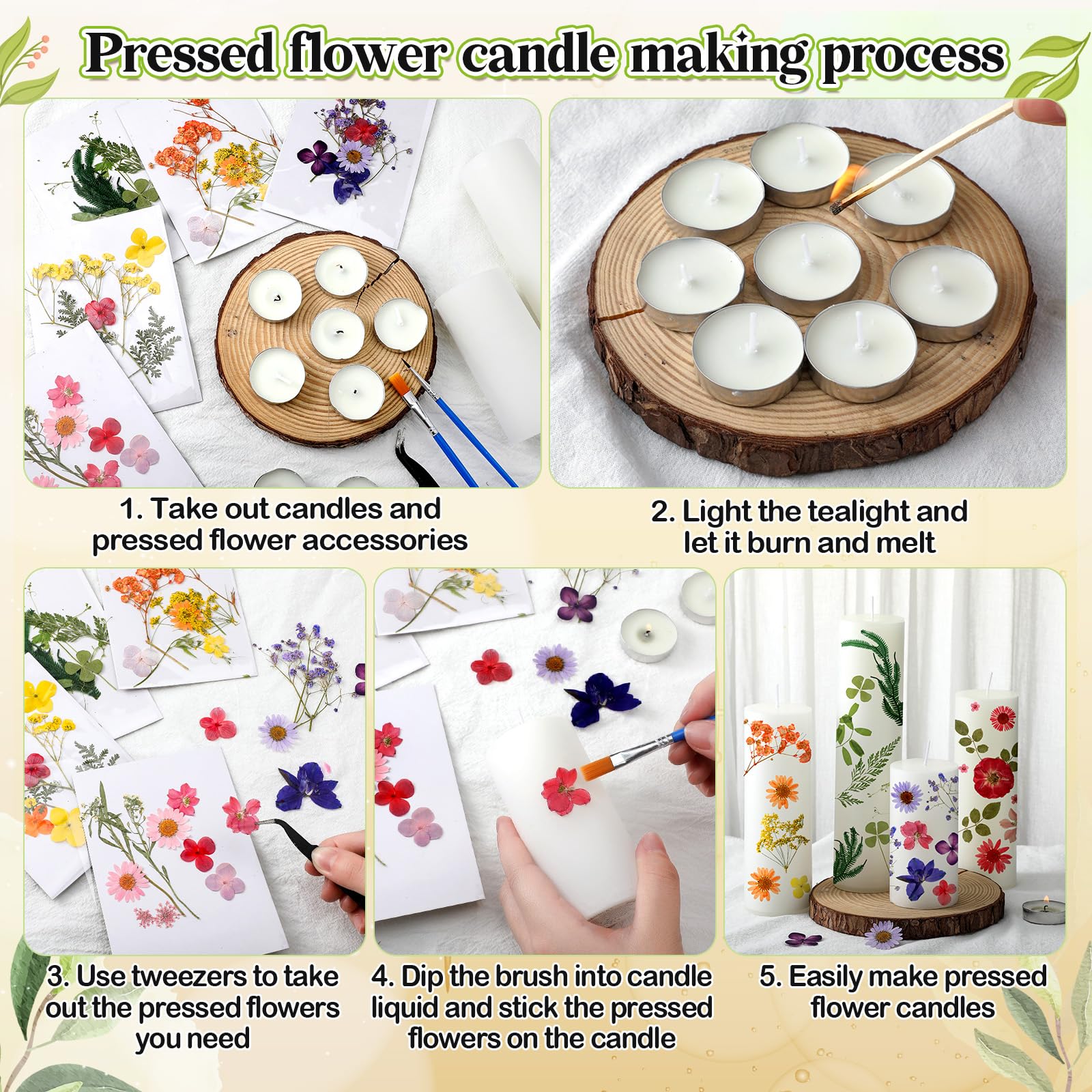 MTLEE 24 Pack Dried Pressed Flower Candle Painting Kit 6 White Pillar 6 Dried Pressed Flower 10 Tealight Candle with Tweezer Brush for Girls Night Birthday Wedding Party DIY Crafts Decor(4/6/8 Inch)
