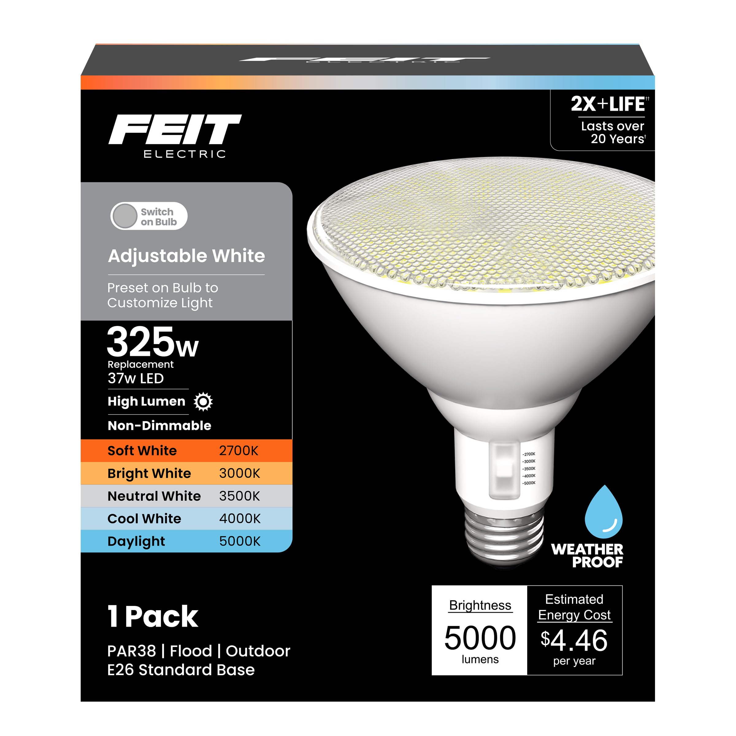 Feit Electric PAR38 LED Flood Light, 325W Equivalent, 5000 Lumens, Adjustable White 5-CCT 2700K–6500K, 37W, Weatherproof Outdoor Security Bulb, E26