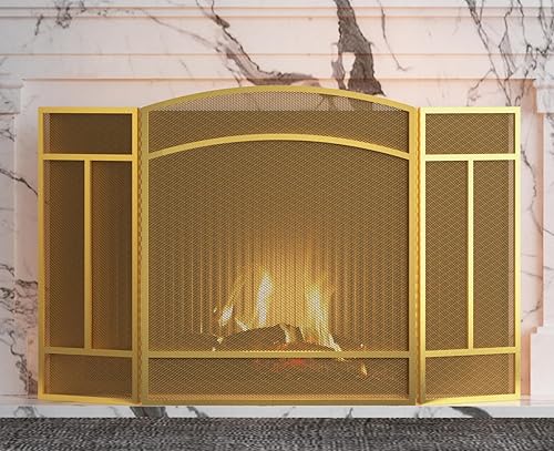 Pantalla para chimenea Fire Beauty de 3 paneles, hierro forjado, 122 cm (L) x 74 cm (H), cubierta protectora contra chispas (Dorado Pulverulento)