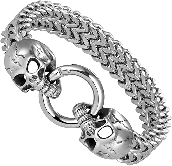 Bold Men s Biker Bracelet   Double Link Chains Embellished with Rows of Death s Skull in a Polished Silver Finish   Made of Rust & Discoloration Resistant Stainless Steel   Jewelry Gift for Men
