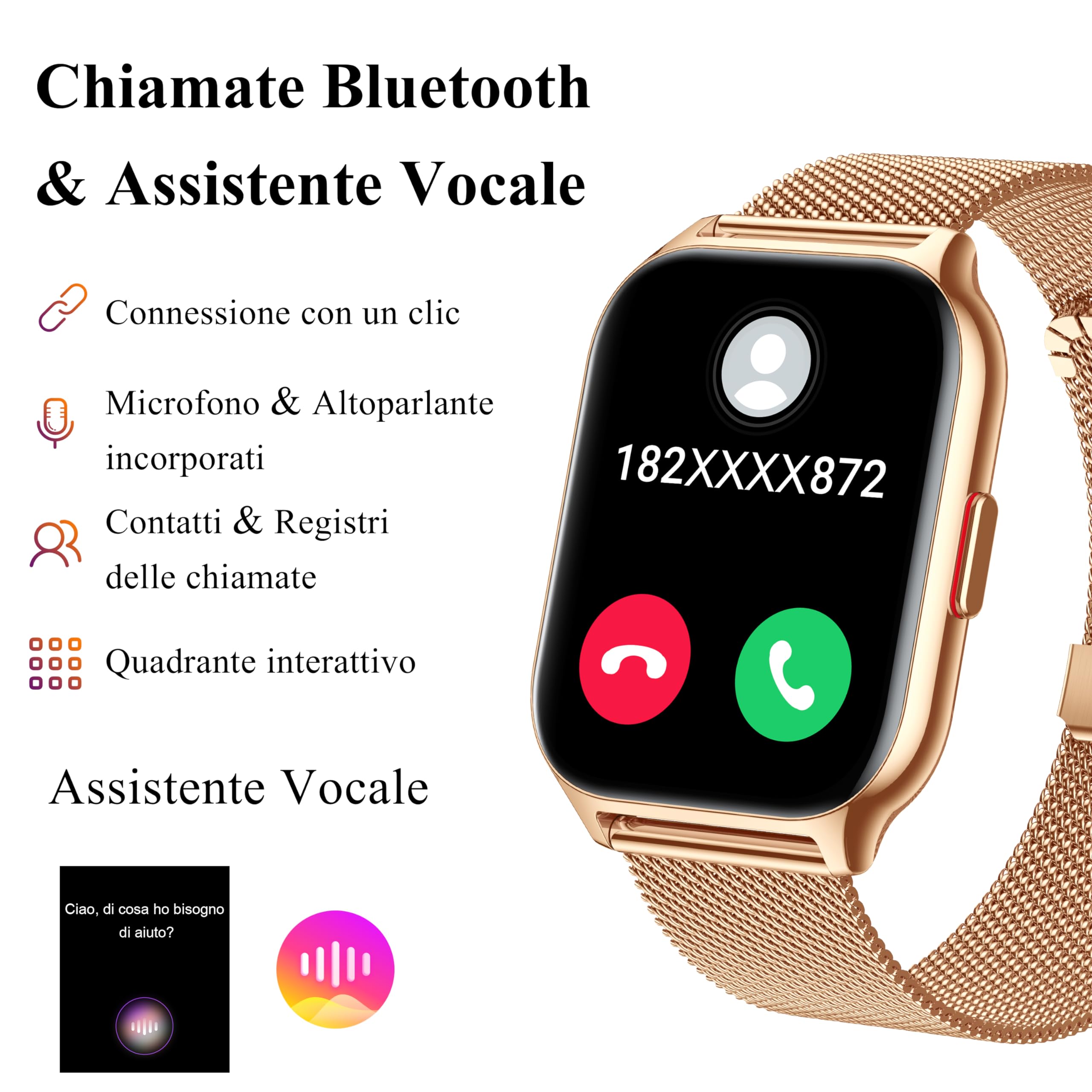 Popglory Smartwatch, Uomo Donna Effettua/Risposta Chiamate Orologio, 100+ modalità Sportive Fitness, SpO2/Pressione Sanguigna/Sonno Monitor, 24H Cardiofrequenzimetro, Compatibile con iOS/Android