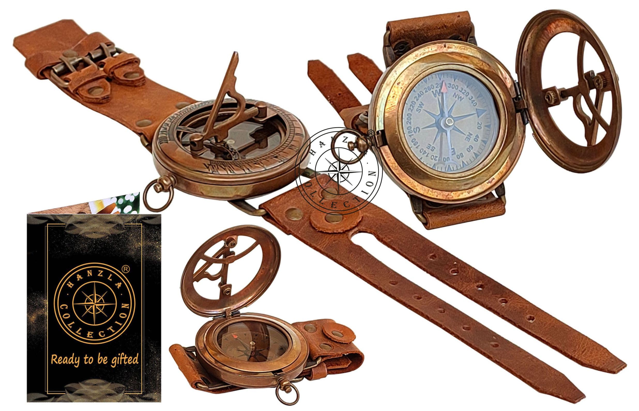 Hanzla Collection Steampunk Antique Brass Sundial Compass Handmade Leather Band Wrist Compass and Nautical Sundial Watch