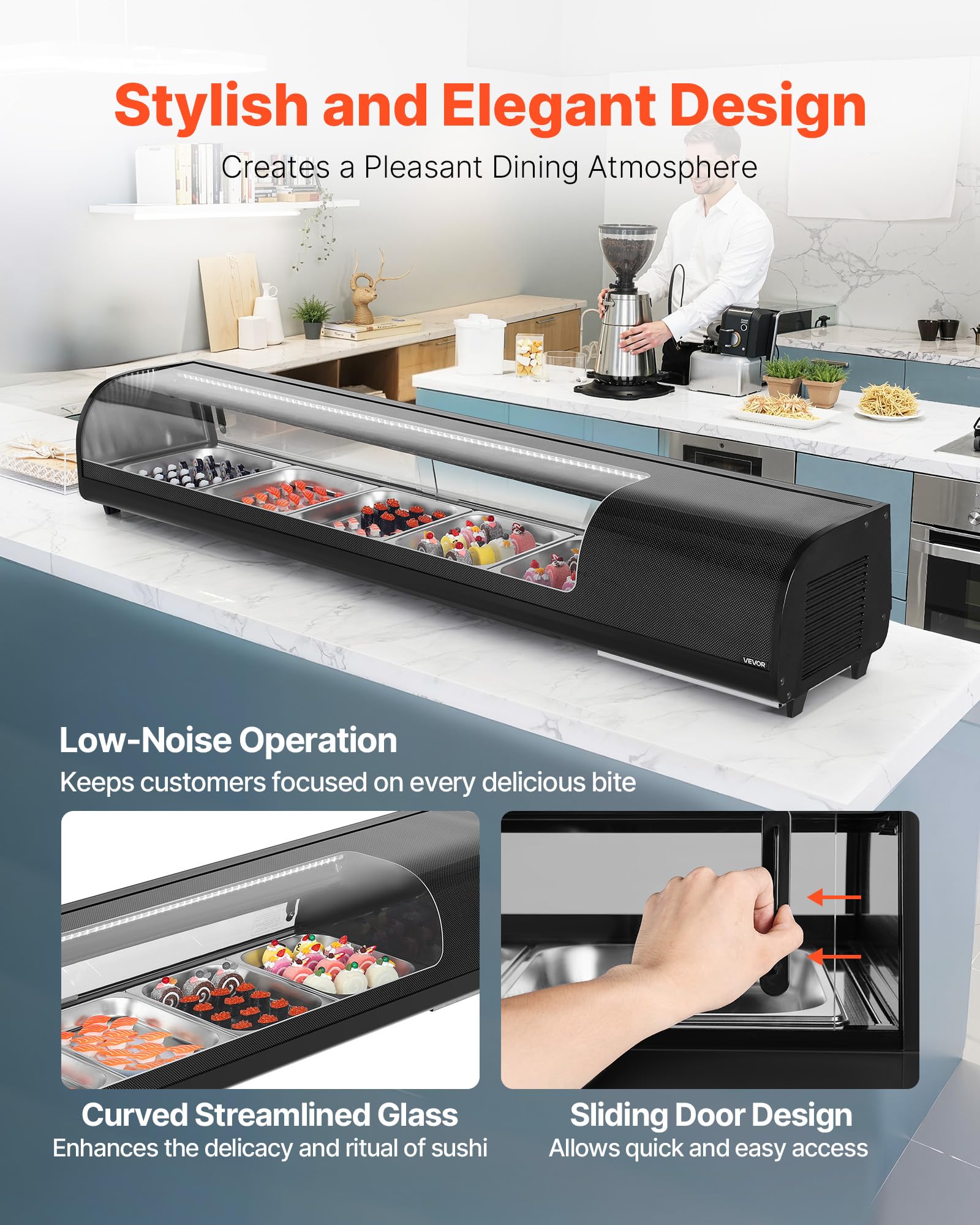 VEVOR Vetrina Refrigerata per Sushi Commerciale da 82 L, 5 Teglie con Vetro Curvo, Illuminazione a LED e Controllo Digitale della Temperatura, Frigorifero per Bancone Ristorante Negozio