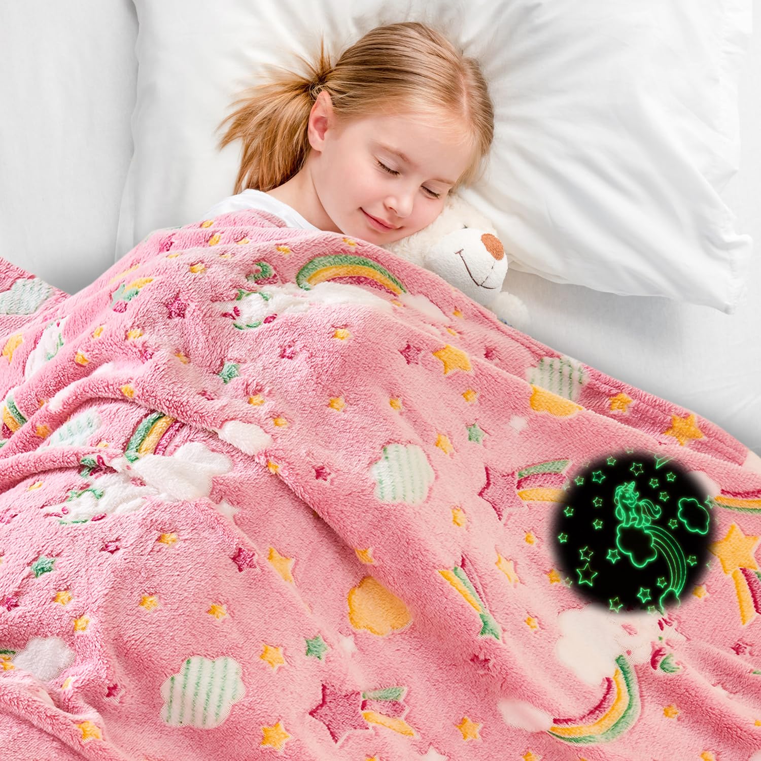 Rainbow Glow in The Dark Blanket 50x60 inch Pink Throw for Girls