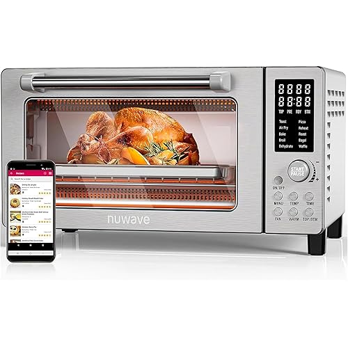 Nuwave Bravo Air Fryer Toaster Smart Oven, 10-in-1 Countertop Convection, 1800 Watts, 21-Qt Capacity, 50°-450°F Temp Controls, Top and Bottom Heater Adjustments 0%-100%, PFAS Free, Stainless Steel
