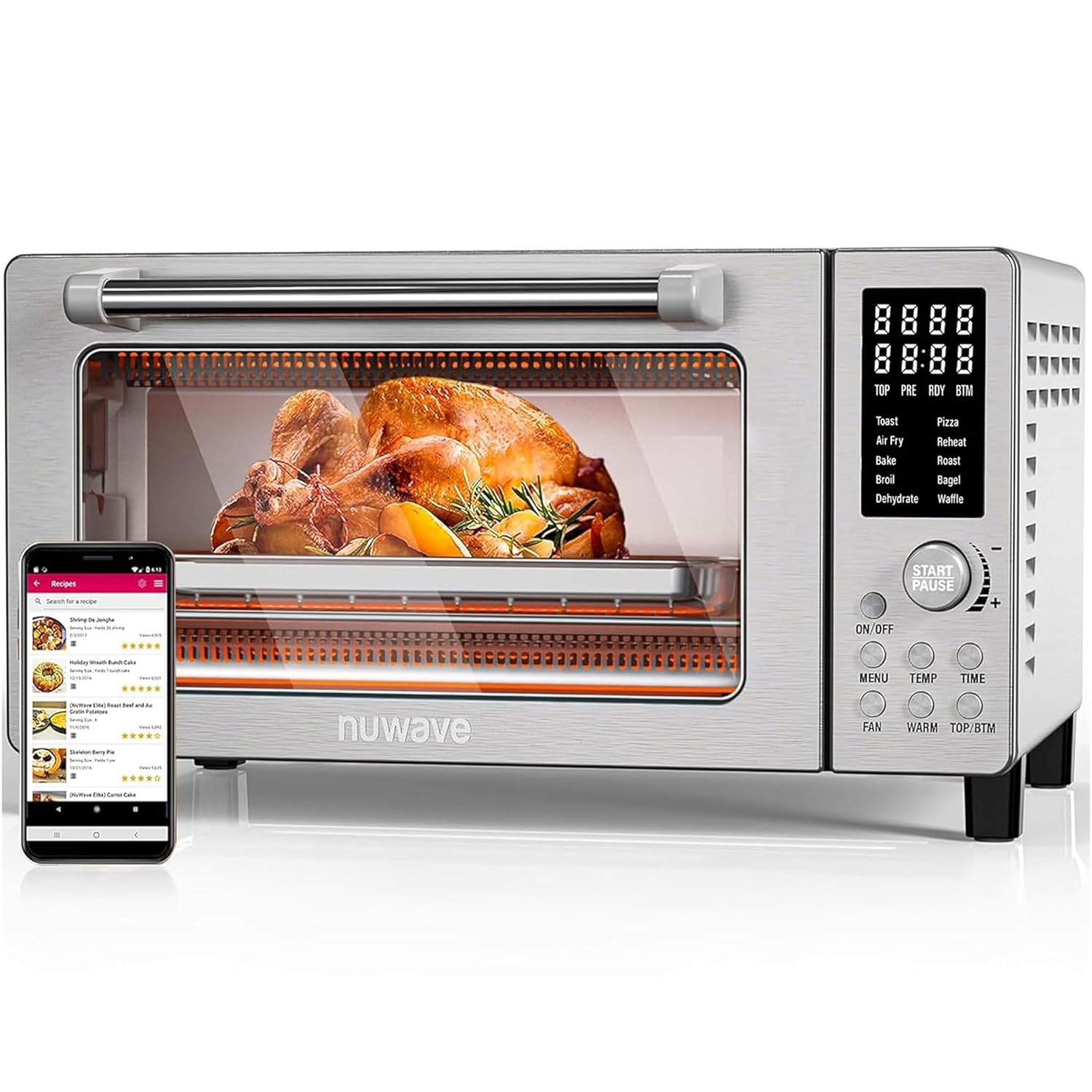Nuwave Bravo Air Fryer Toaster Smart Oven, 10-in-1 Countertop Convection, 1800 Watts, 21-Qt Capacity, 50°-450°F Temp Controls, Top and Bottom Heater Adjustments 0%-100%, PFAS Free, Stainless Steel Brushed Stainless Steel 21QT Bravo Pro Oven