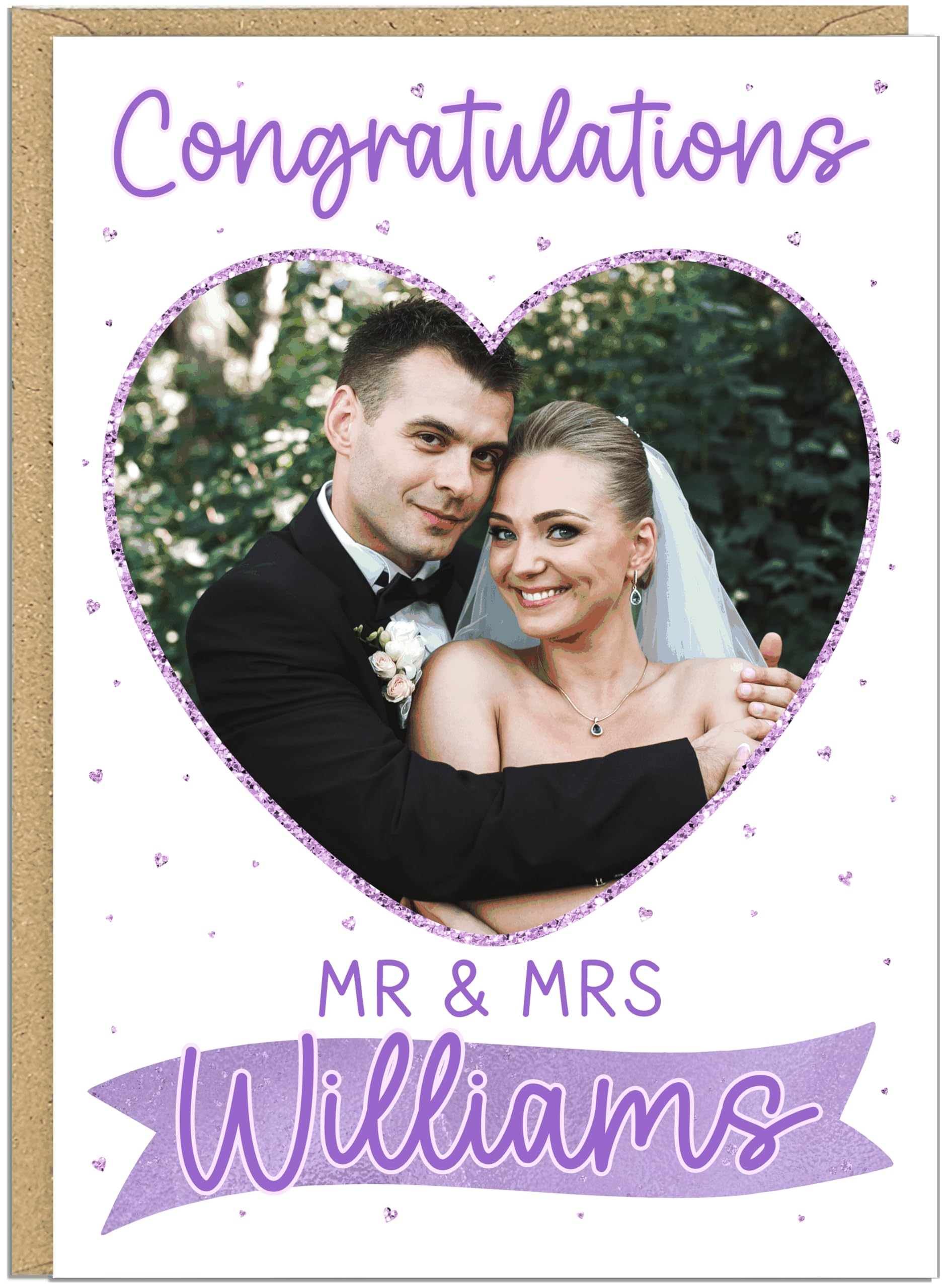 Personalised Wedding Congratulations Cards with Photo and Name | Custom Mr & Mrs Card | 11 Colour Theme Options | Heart Photo Wedding Couples Anniversary Card, Purple