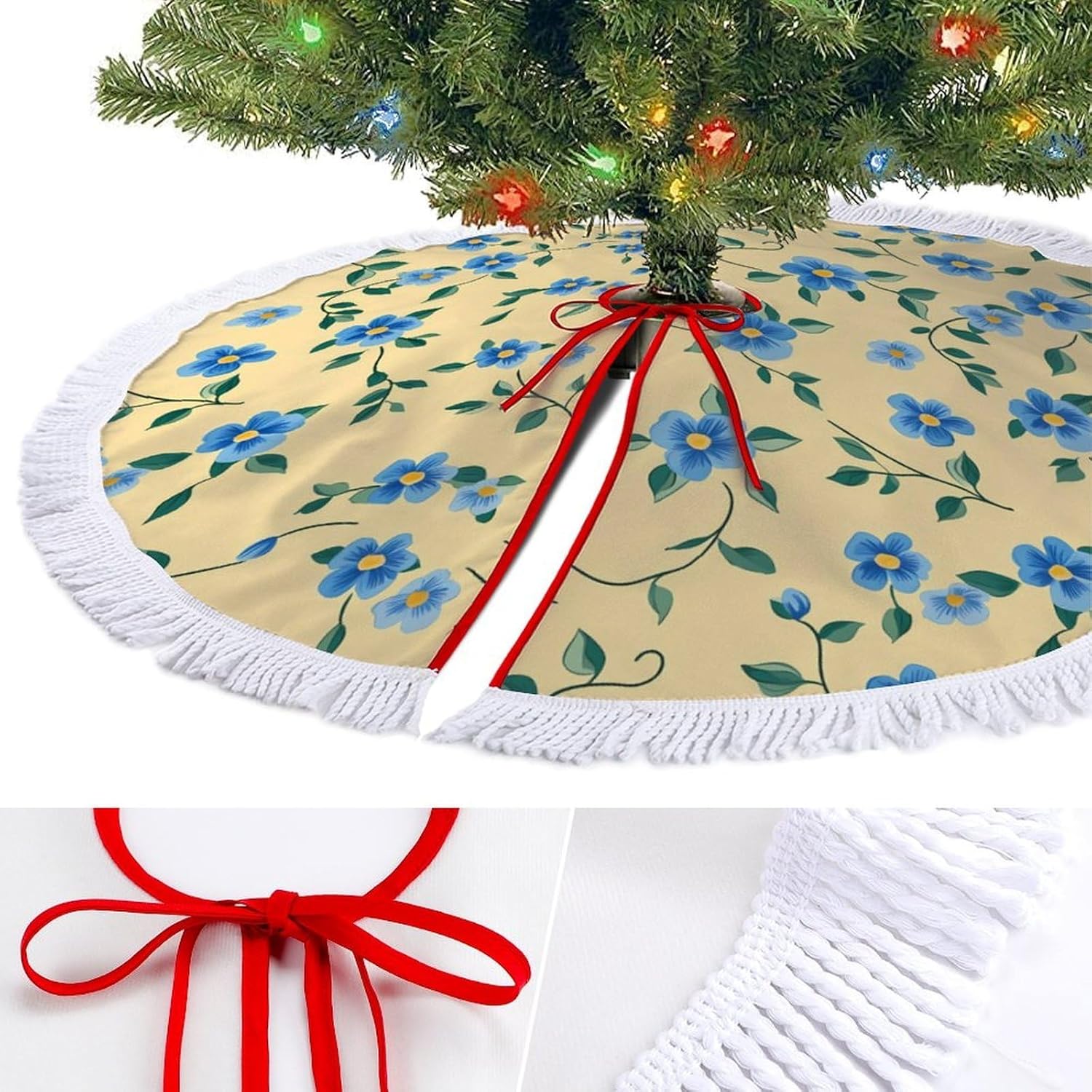 Blue Floral Flower Christmas Tree Skirt Round Xmas Tree Mat Ornaments Tree Skirts with Tassels for Holiday Party