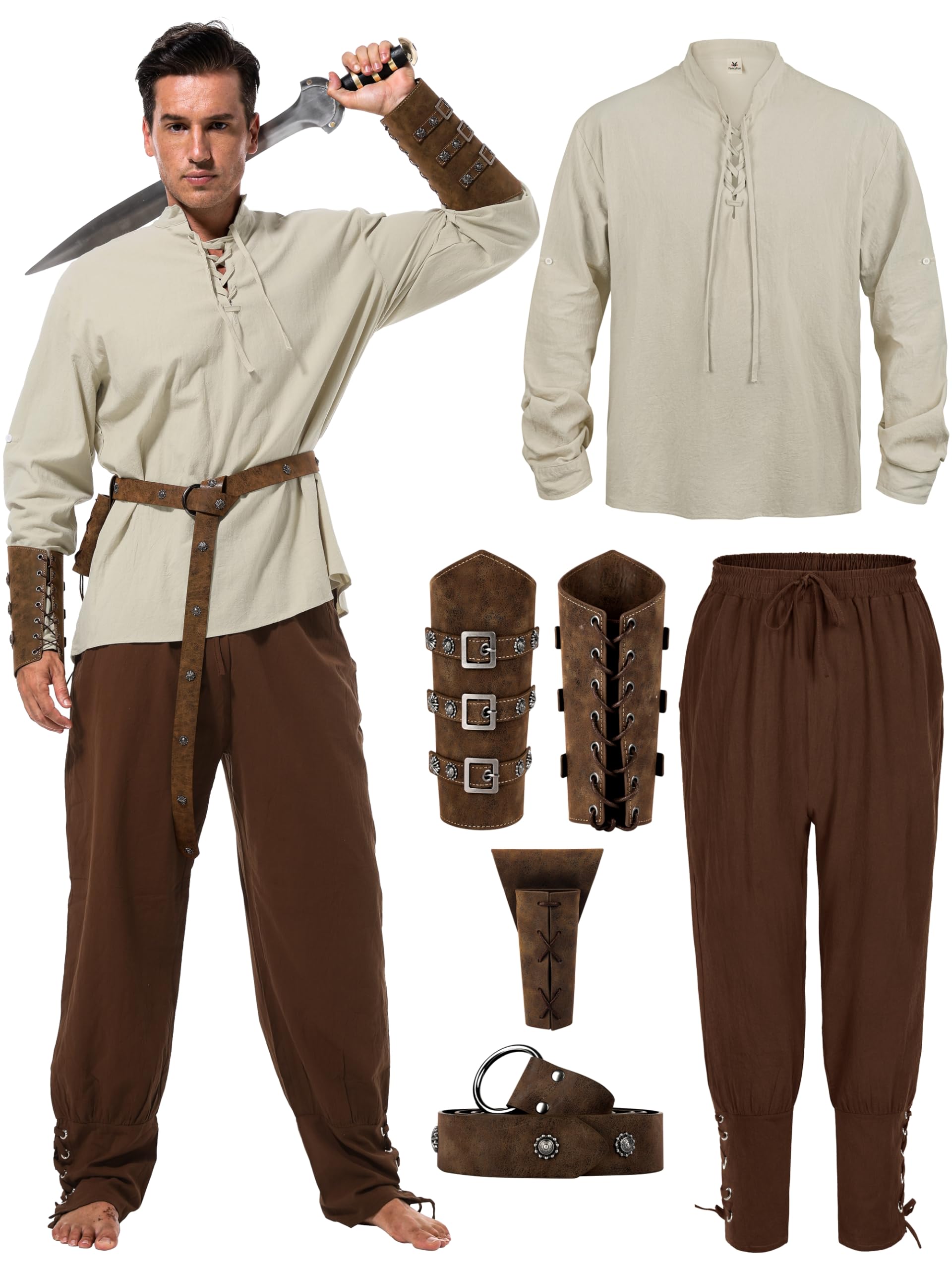 Halloween Renaissance Costume Men, Medieval Costume Men Renaissance Outfit Viking Shirt Pants Belt Accessories