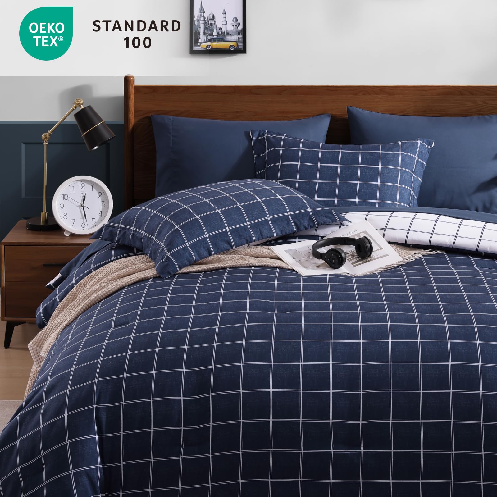 Plaid Queen Schmusetuch Set dunkelblau 7-teilig Wendebett in einer Tasche | Farmhouse Bettwäsche-Set, kariert, für Jungen, Mädchen, Teenager, mit Laken, Kissenbezügen und Kissenbezügen