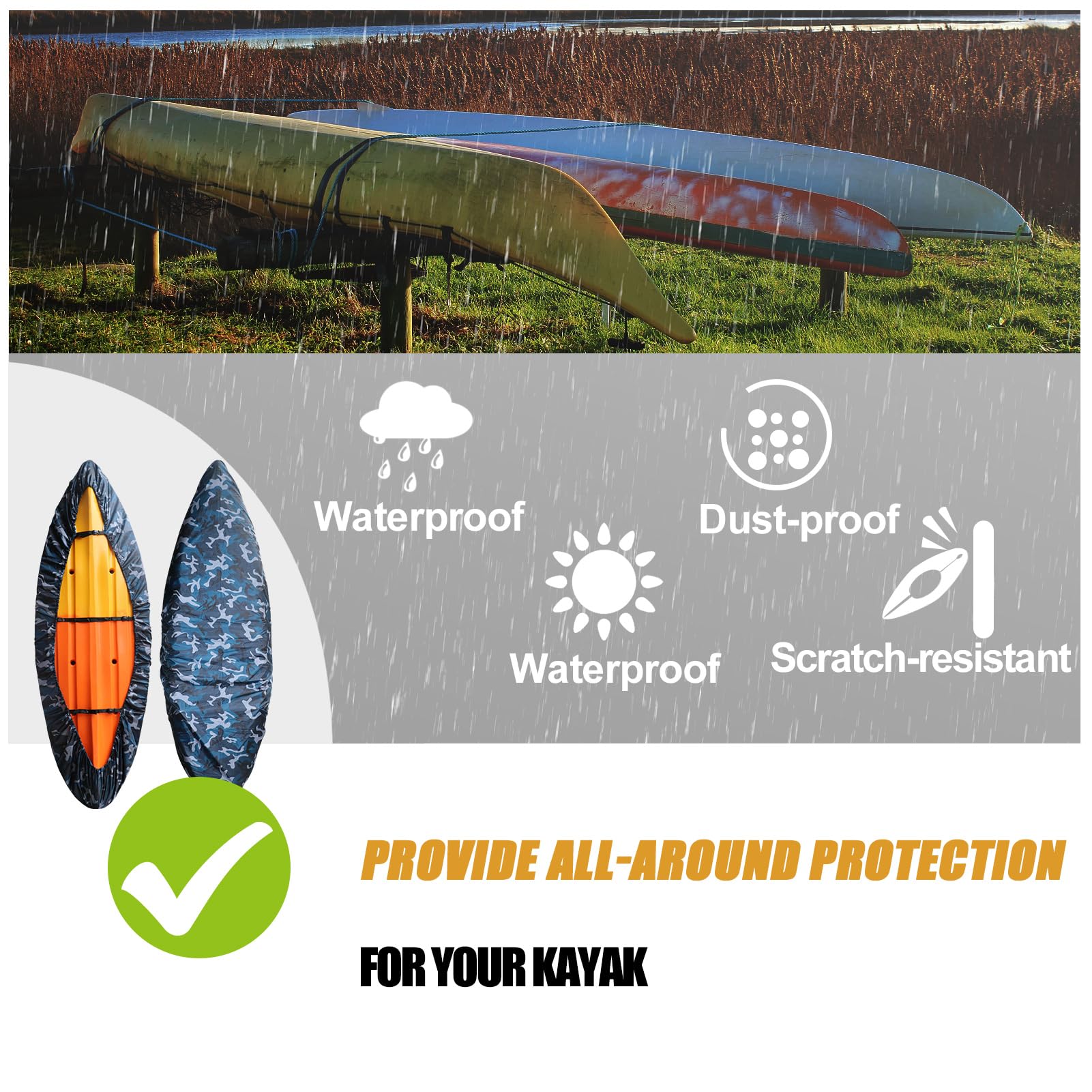 Doorslay Kayak Cover Waterproof UV Resistant Kayak Cover Outdoor Kayak Storage Dust Cover for Boat Kayak, Blue Camouflage, BC-S - Image 3