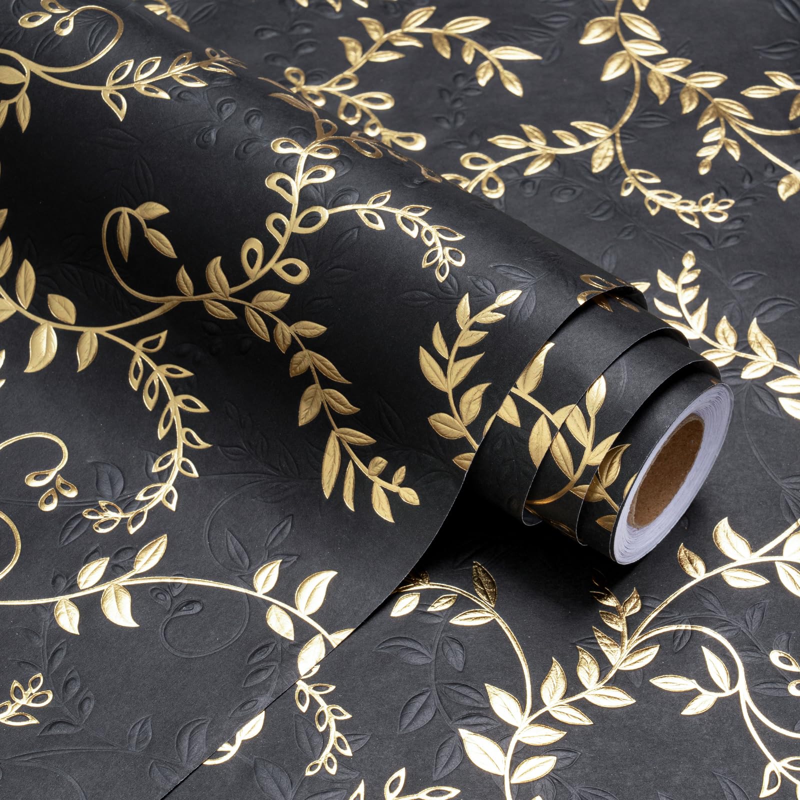RUSPEPA 3D Kraft Wrapping Paper Roll - Mini Roll - 43.2cm x 5m - Gold and Black Leaves Design with Embossed Perfect for Birthday, Wedding, Baby Shower