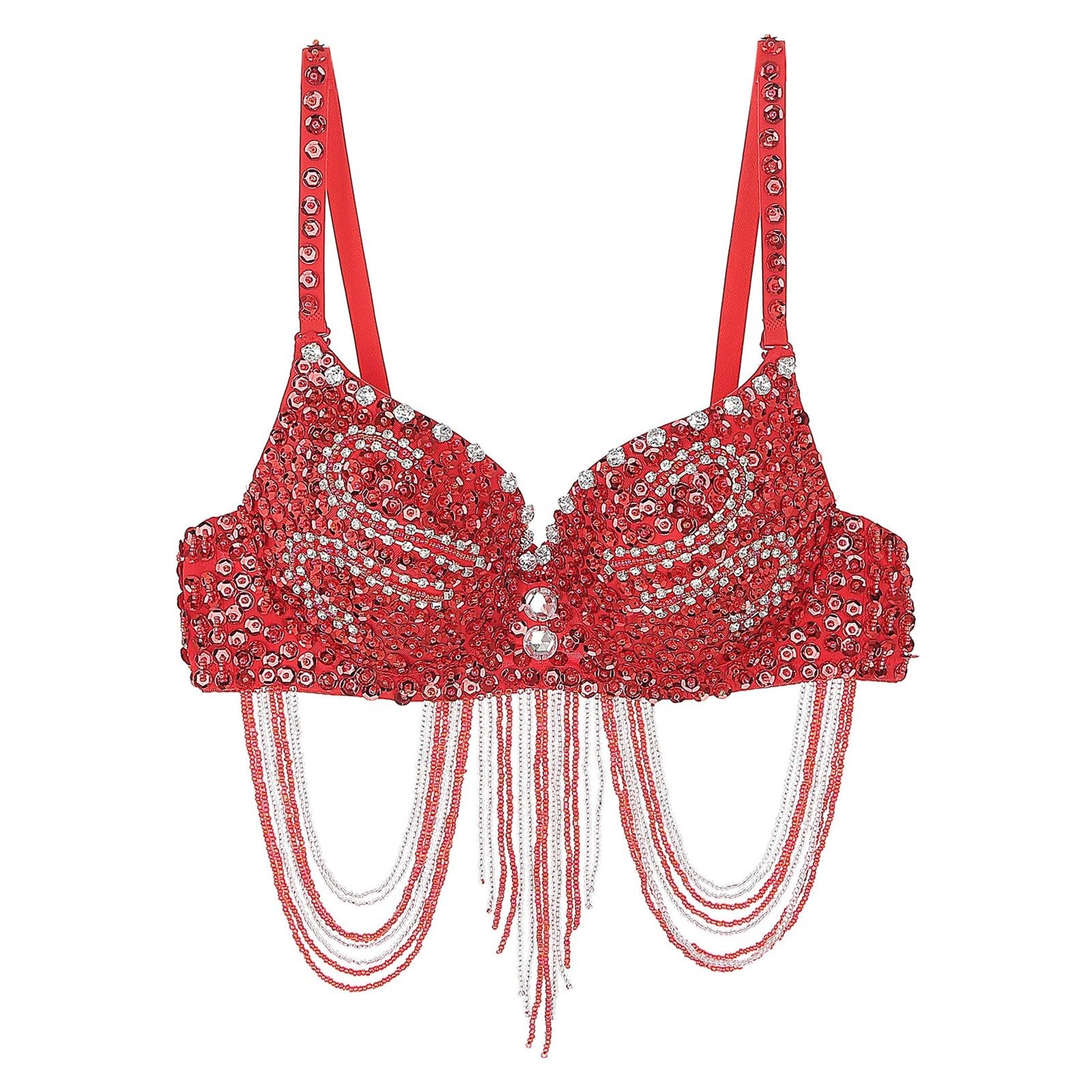 LNNXSZ Women's Sequin Beaded Bustier Womens Belly Dance Top Shiny Corset Crop Top Fringe Rhinestone Sequin Club Bra Spaghetti Straps Underwire Push Up Bustier Tops(Red)