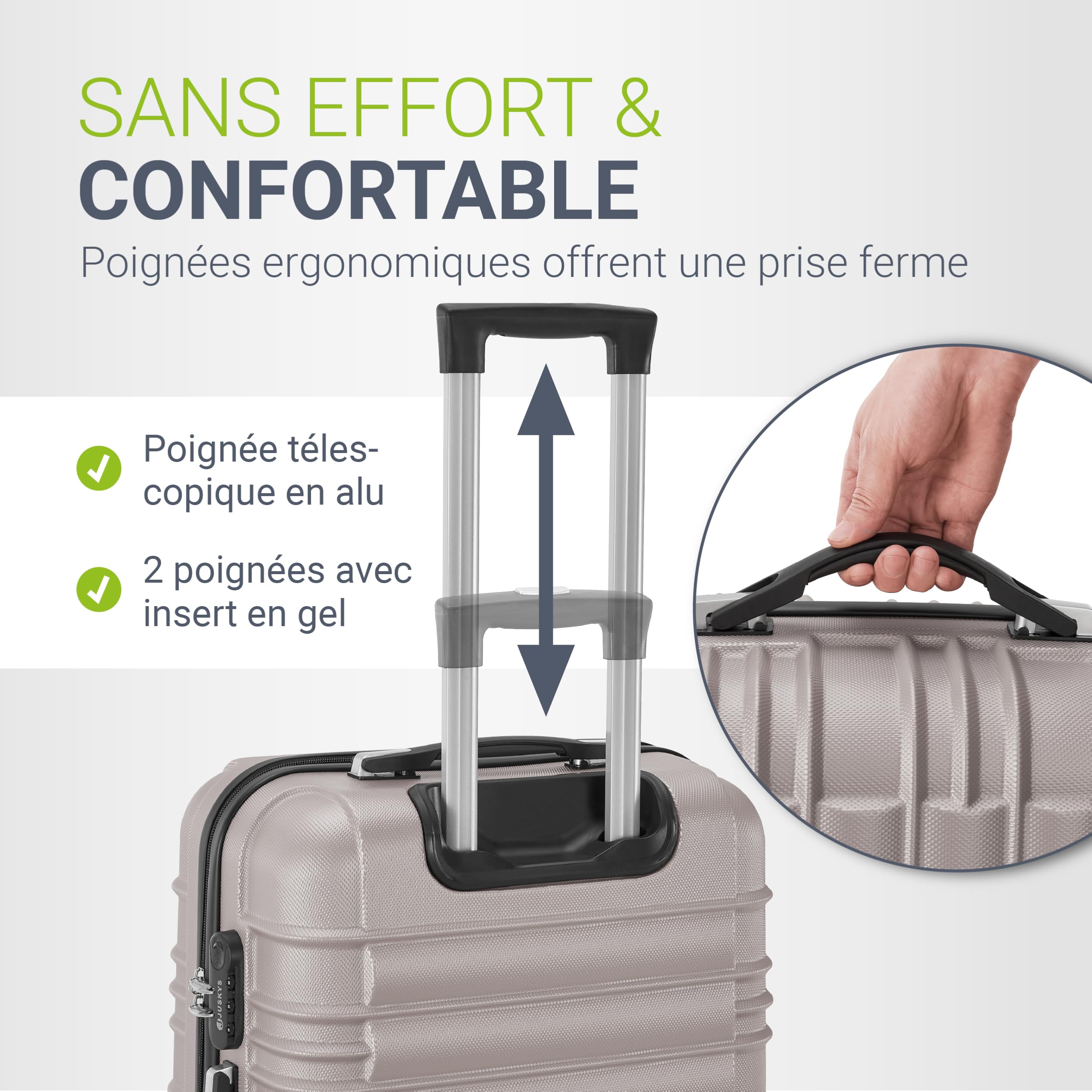 Juskys Set valises rigides 3 pièces – Valises de Voyage avec roulettes 360°, Serrure à Code, poignée télescopique – ABS – Champagne
