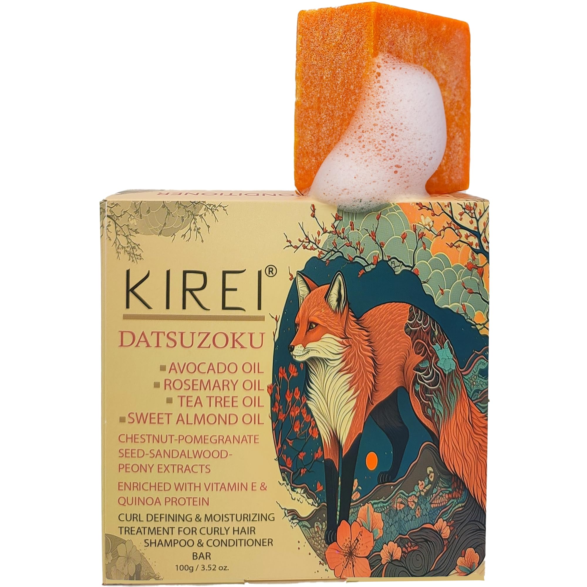 KireiShampoo Bar for Curly Hair, 2in1 Shampoo and Conditioner Bar, Curl Defining, Frizz Taming, Hydrating, All Natural and Vegan Formula, Avocado-Rosemary-Tea Tree-Sweet Almond, DATSUZOKU 100g.