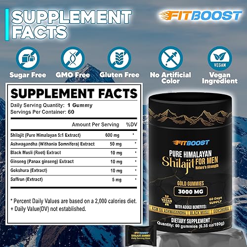 Miniatura 2 de Gomitas Shilajit naturales del Himalaya para hombres o mujeres, suministro de 60 días de Shilajit para hombres, gomitas extra fuertes de 3000 mg con