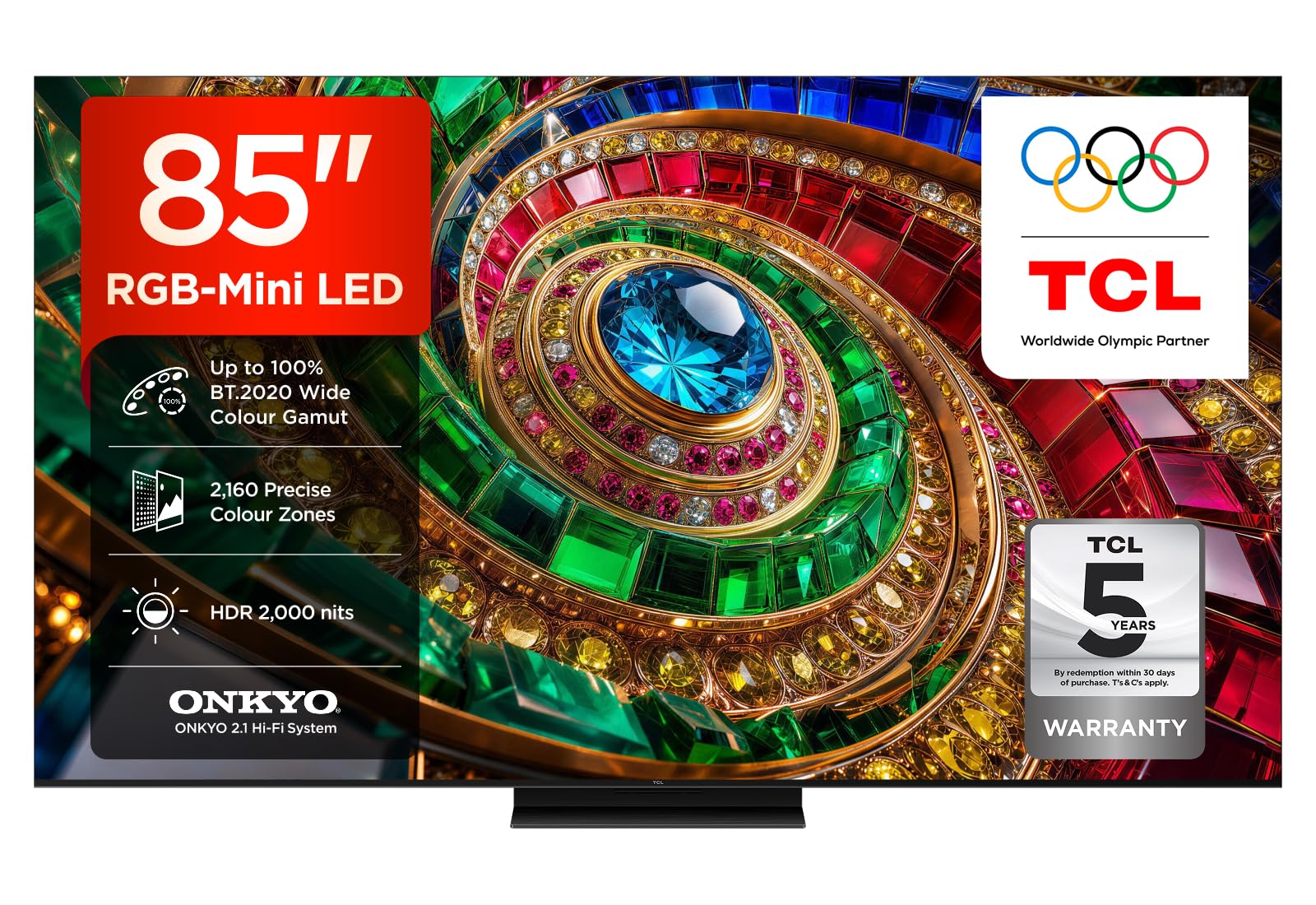 TCL 85Q7D-UK 85 Inch RGB-Mini LED 4K HDR10+ Smart TV, 2,000 Nits | 2,160 Precise Colour Zones, Google TV, Dolby Vision IQ & Atmos, 2.1 Onkyo Sound, Game Master, 144Hz VRR, Apple AirPlay 2