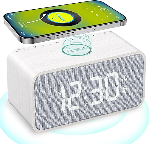 ANJANK Radio despertador de madera con altavoz Bluetooth, estación de carga inalámbrica para iPhoneSamsung, alarma dual, tiempo de sincronización