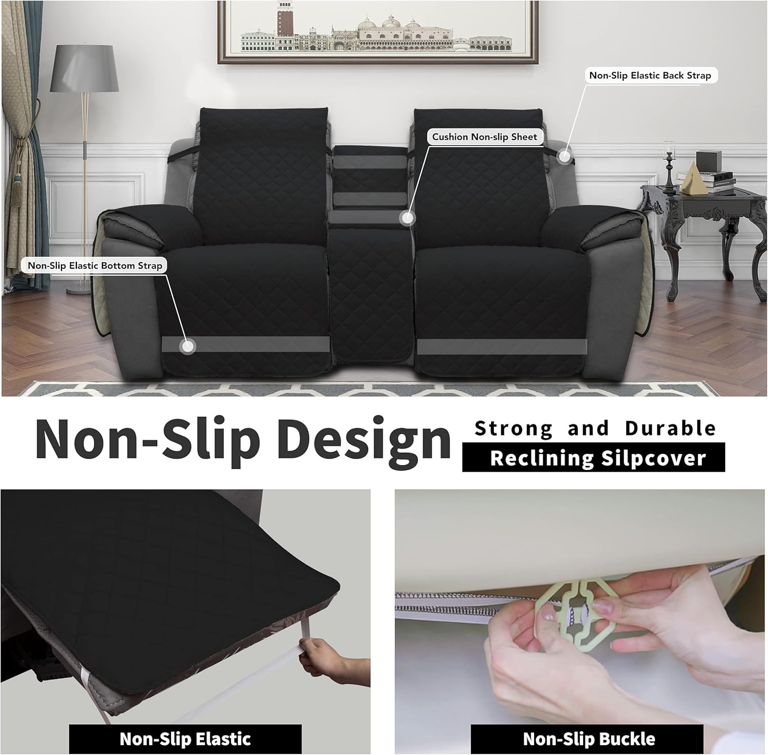Easy-Going Loveseat Recliner Cover with Console, Reversible Couch Cover for Living Room, Split Sofa Cover for Each Seat with Elastic Straps for Kids, Dogs, Pets(2 Seater, Black/Beige)