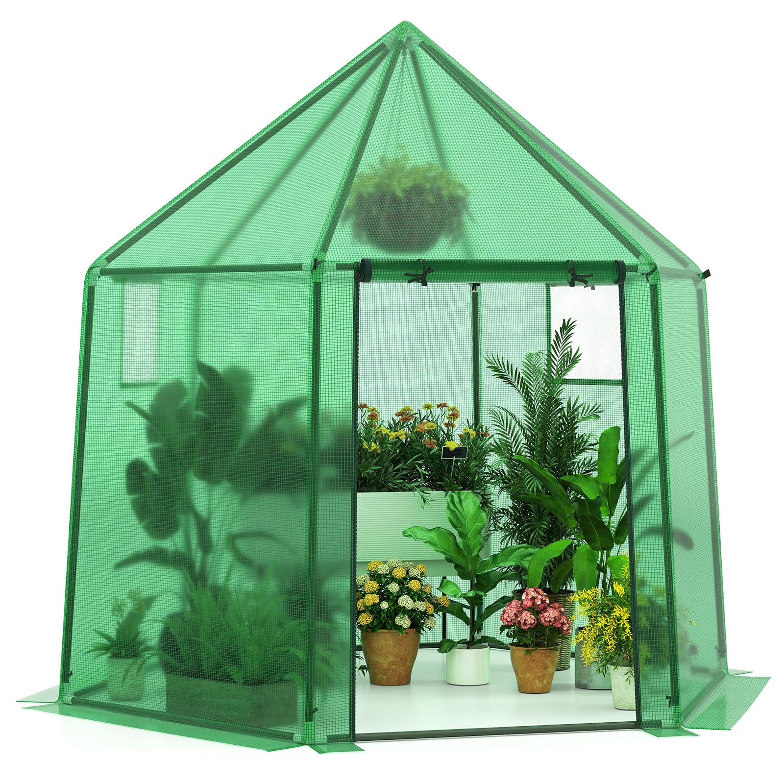 COSTWAY Gewächshaus, Treibhaus mit Allwetter-PE-Abdeckung, Rolltür und Fenster, Foliengewächshaus Tomatengewächshaus Tomatenhaus, Pflanzenhaus für Tomaten & Topfpflanzen, 198 x 172 x 190 cm, Grün