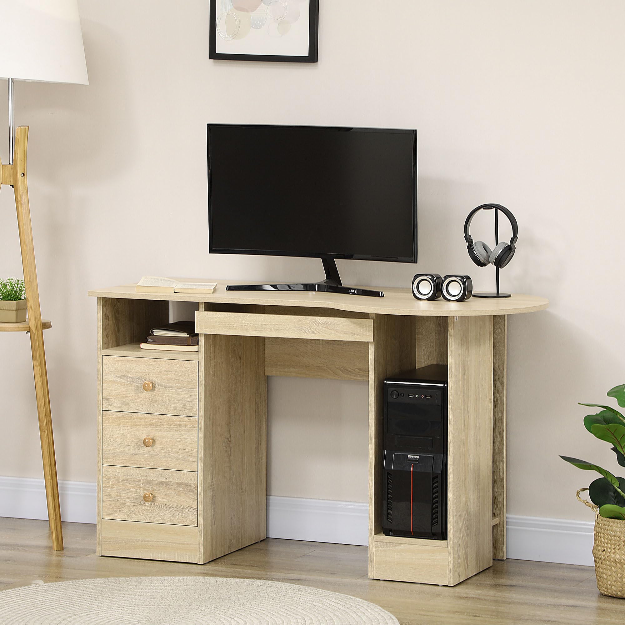 HOMCOM Scrivania PC per Ufficio con Scaffali 125x60x74cm Color Legno | Scrivania per Computer, Ripiano Testiera, 3 Cassetti in Legno