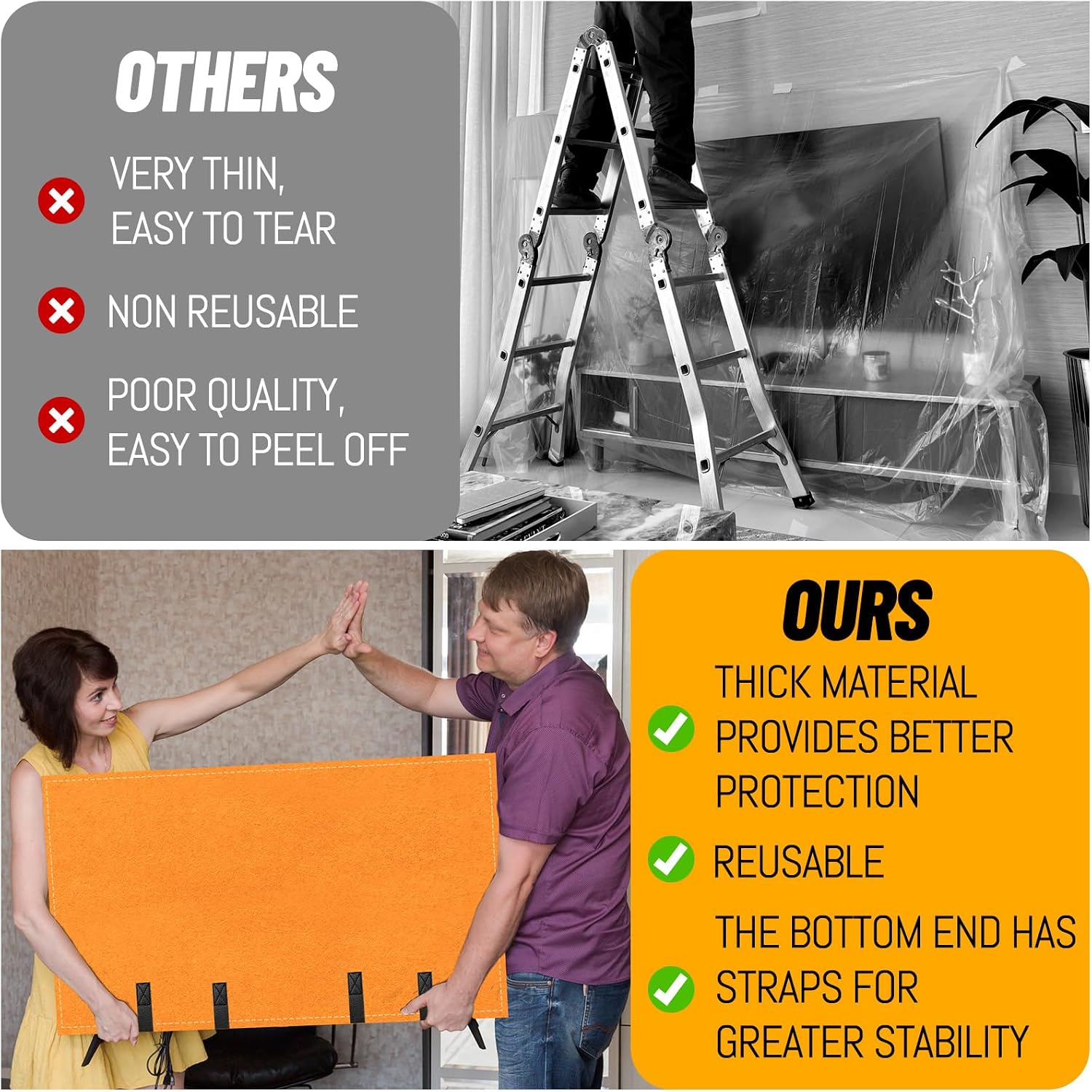 TV Moving Cover Flat Screen TV Heavy Duty Felt Screen Protector Anti-Scratch with Bottom Strap During House Moving,Storing, Painting or Home Renovation Packing Cushioning Supplies (60-65in-orange)