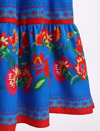 Traditional Mexican Dress for Girls Kids Floral Print Off Shoulder Maxi Sundress Cinco de Mayo Fiesta Dresses with Belt