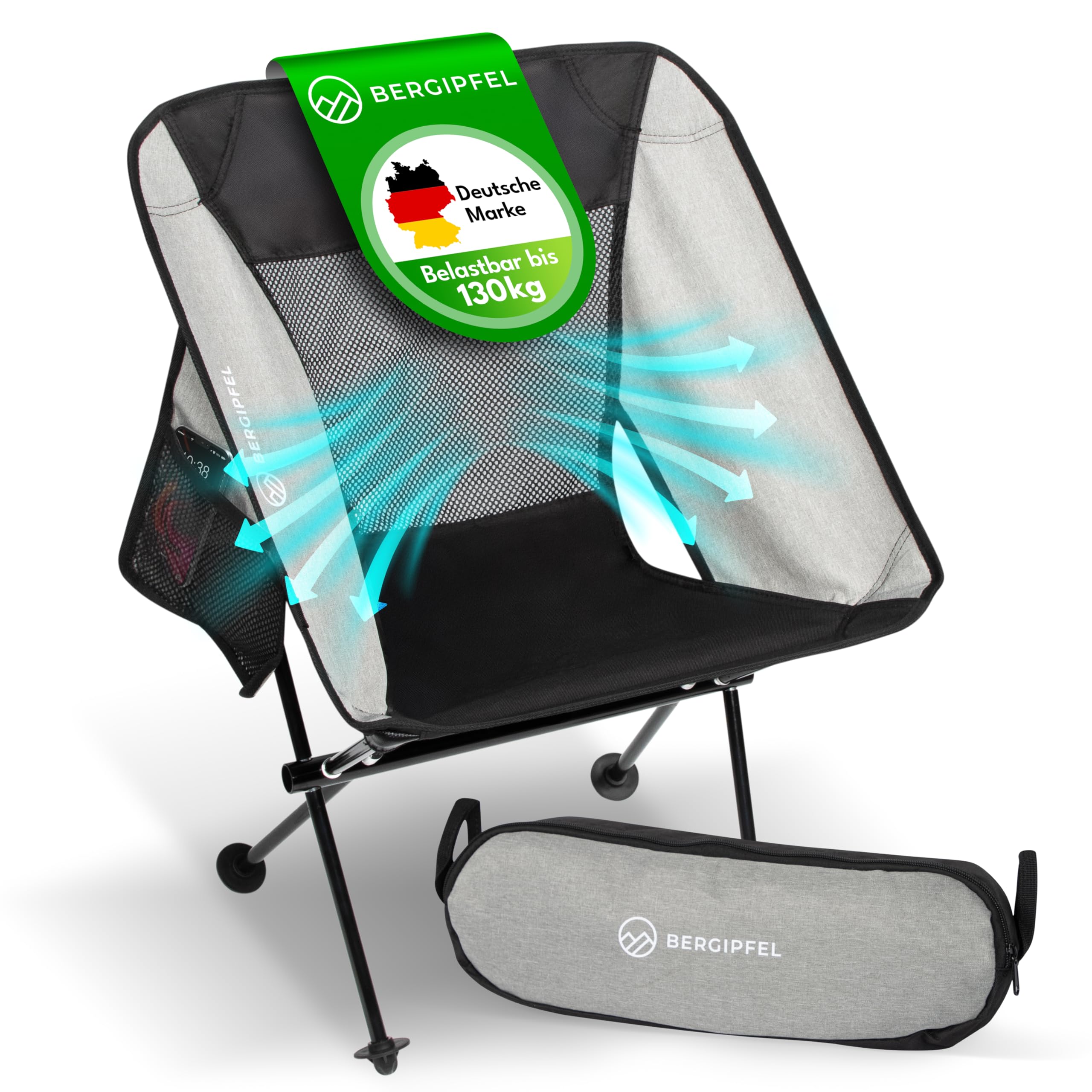 BERGIPFEL Ultraleichter Trekking Campingstuhl faltbar – Leichter Outdoor Klappstuhl für Wandern, Backpacking & Trekking – Kompakt, leicht & stabil bis 130kg Sport & Freizeit