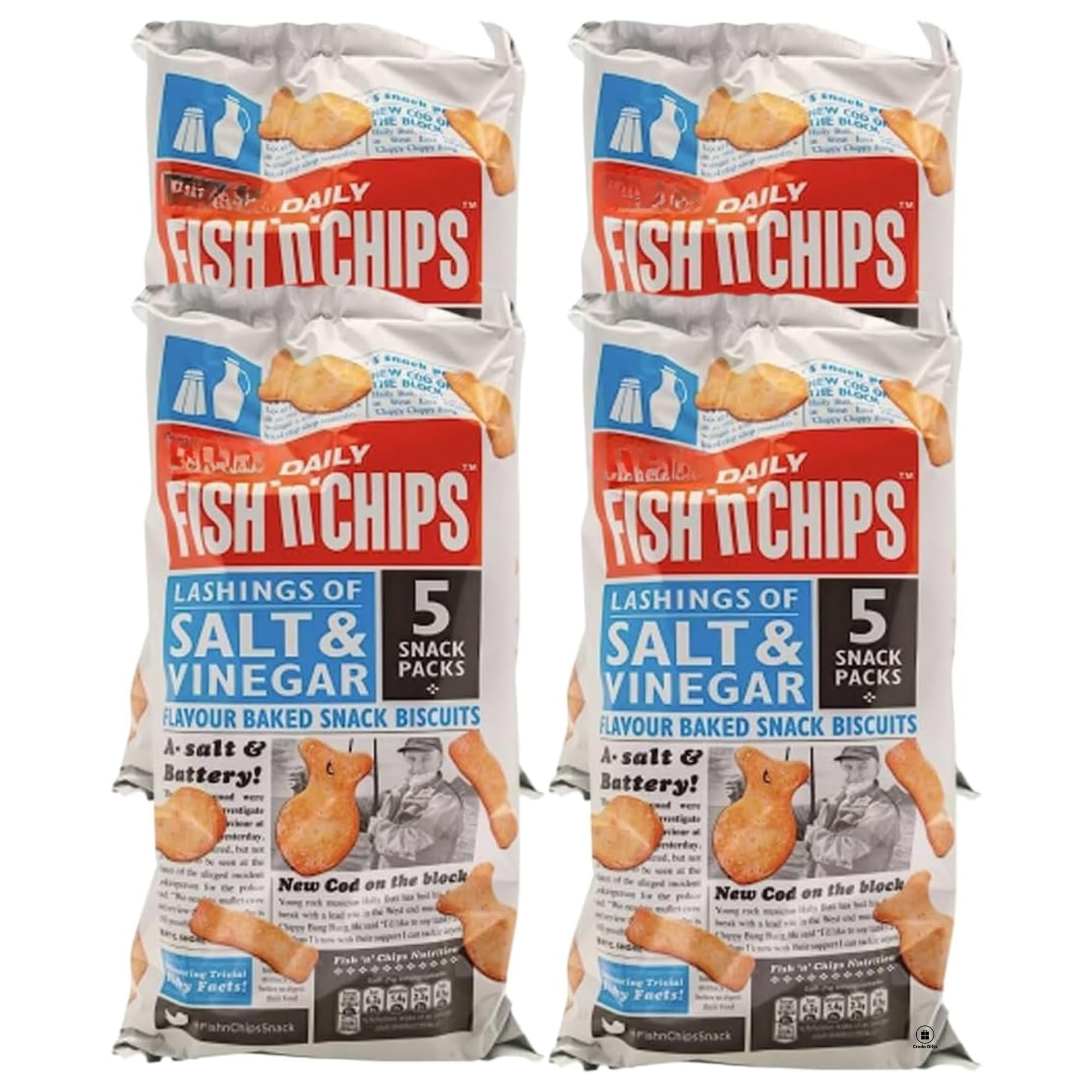 Snack Pack Bundle with Burtons Daily Fish n Chips Salt & Vinegar Flavour Baked Snack Biscuits 5x25g (4 Pack)