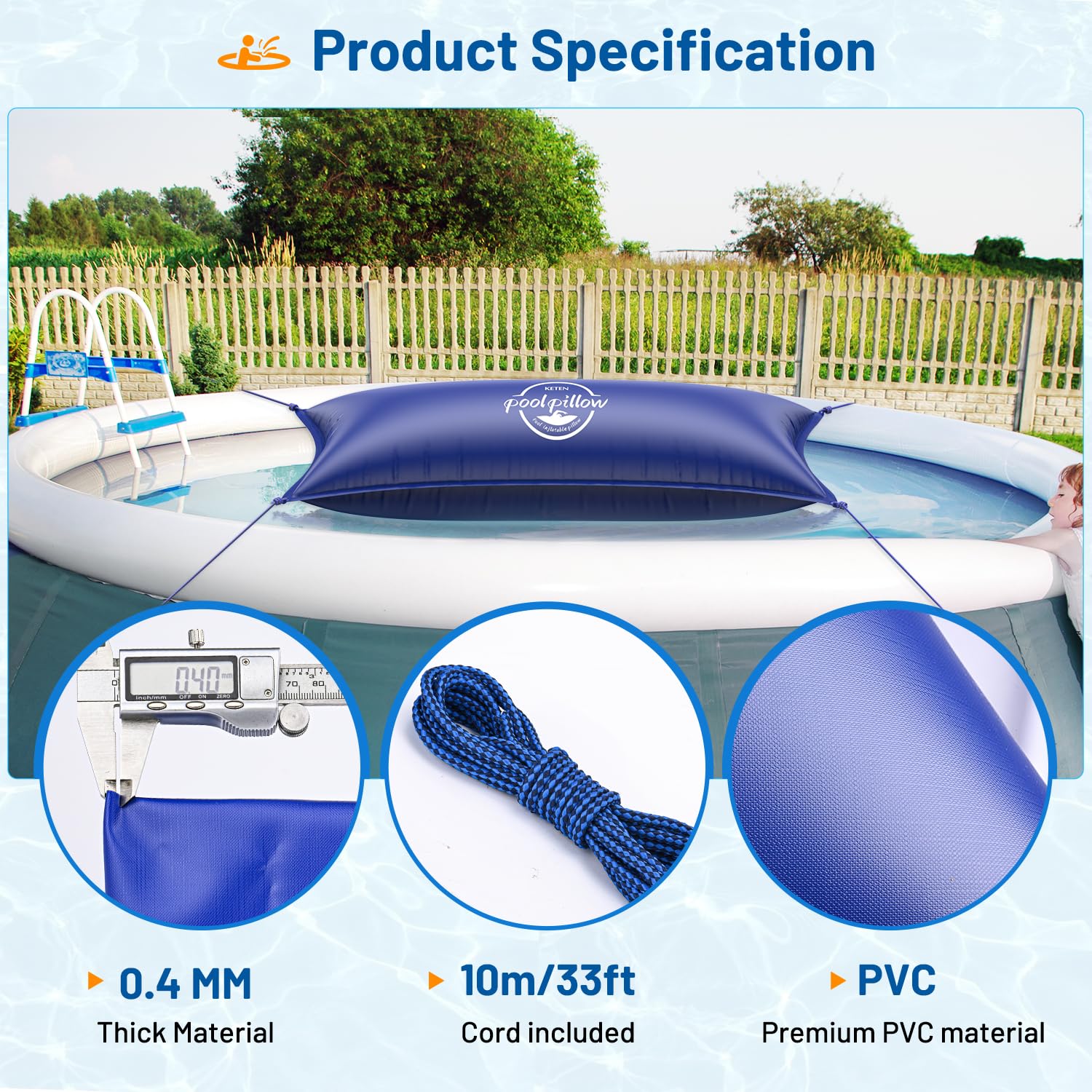 Keten Pool Pillows for Above Ground Pools 4x8FT, Heavy Duty Pool Pillows Float, Extra Durable 0.4mm PVC Winter Pool Air Pillow, Rope Included