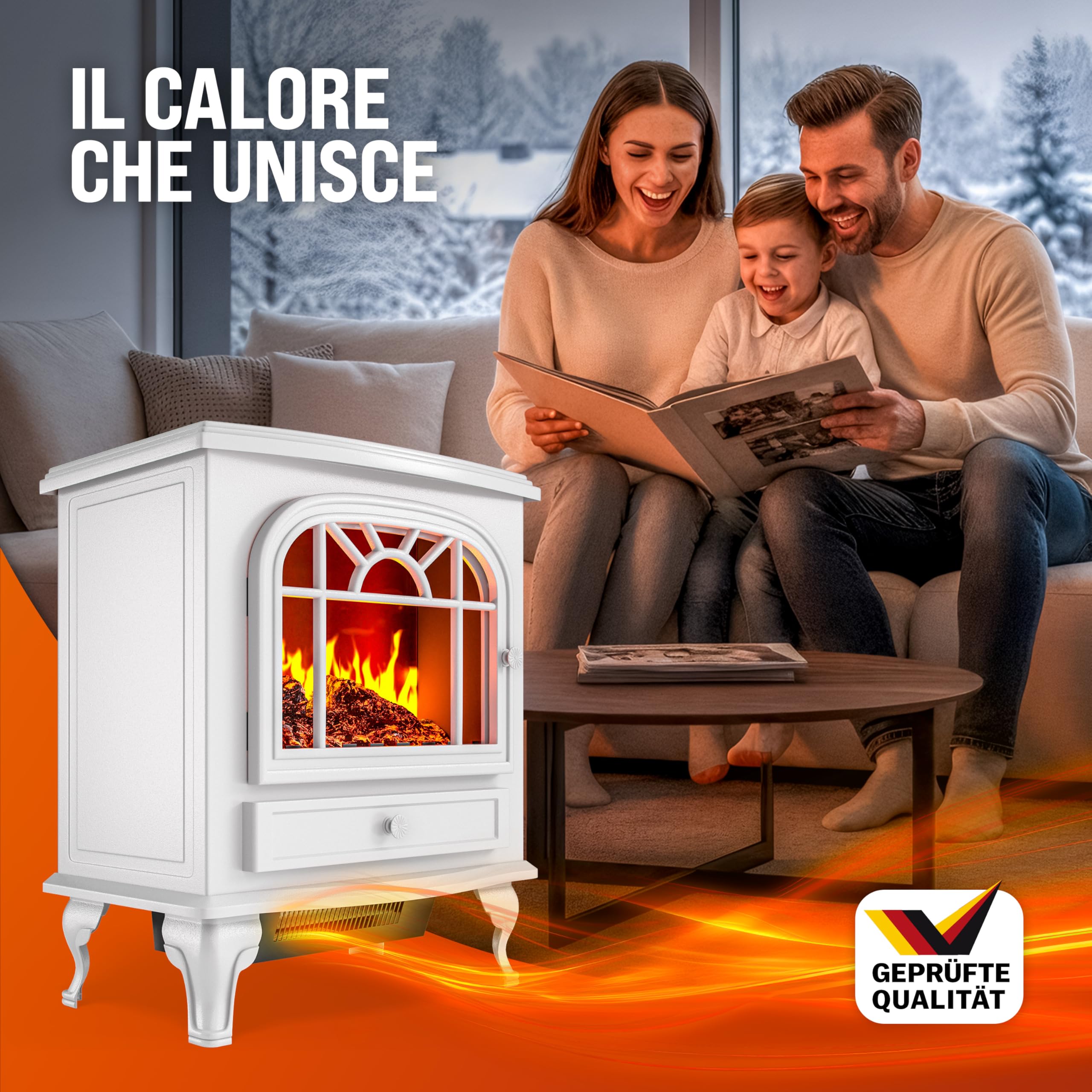 DEUBA® Camino Elettrico 2000W 60x28x50cm Termocamino Luce LED Effetto Fiamma Stufa Elettrica Caminetto finto a Corrente Stile Antico Bianco