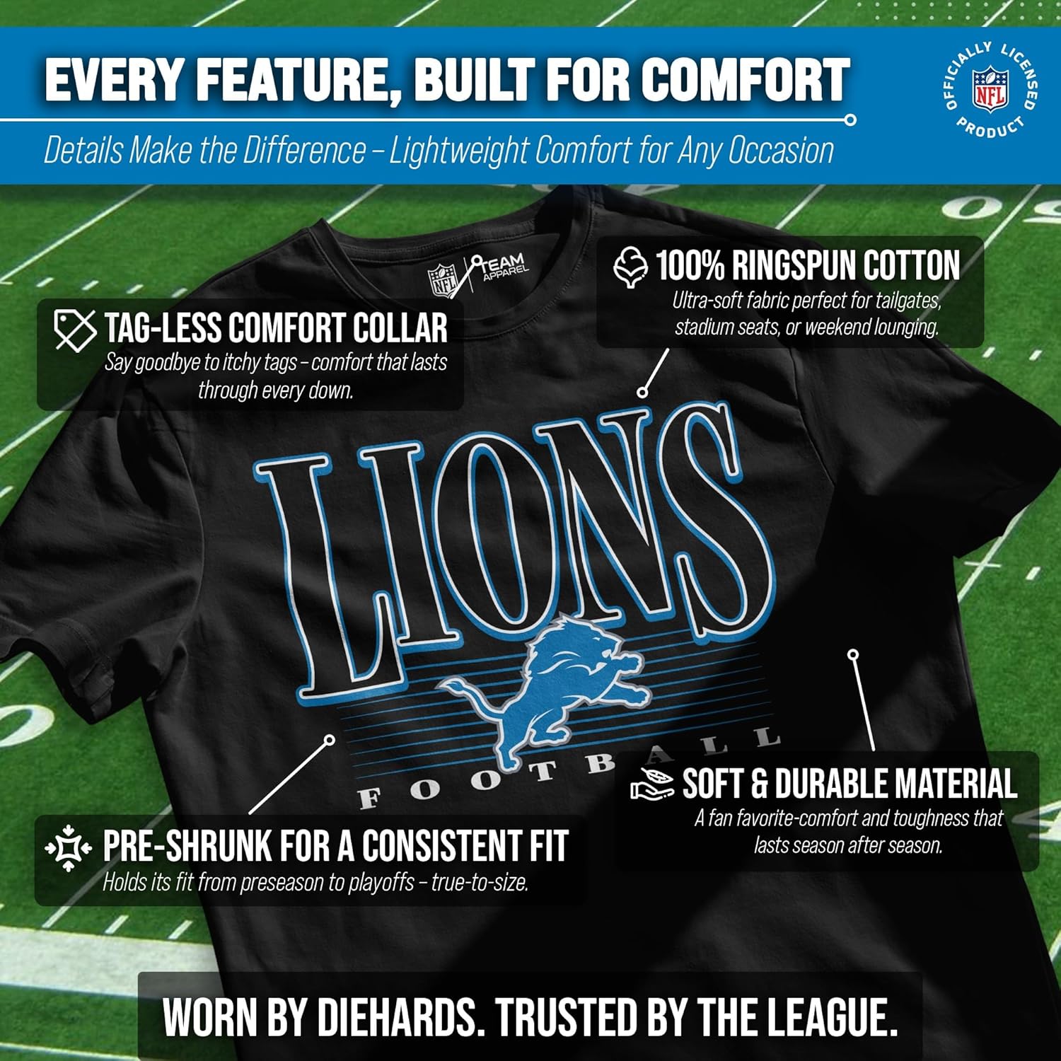 Team Fan Apparel NFL Adult Overtime Blueprint Tag-Less T-Shirt, Unisex Football Tee, Soft Comfortable Cotton, Retro Vintage