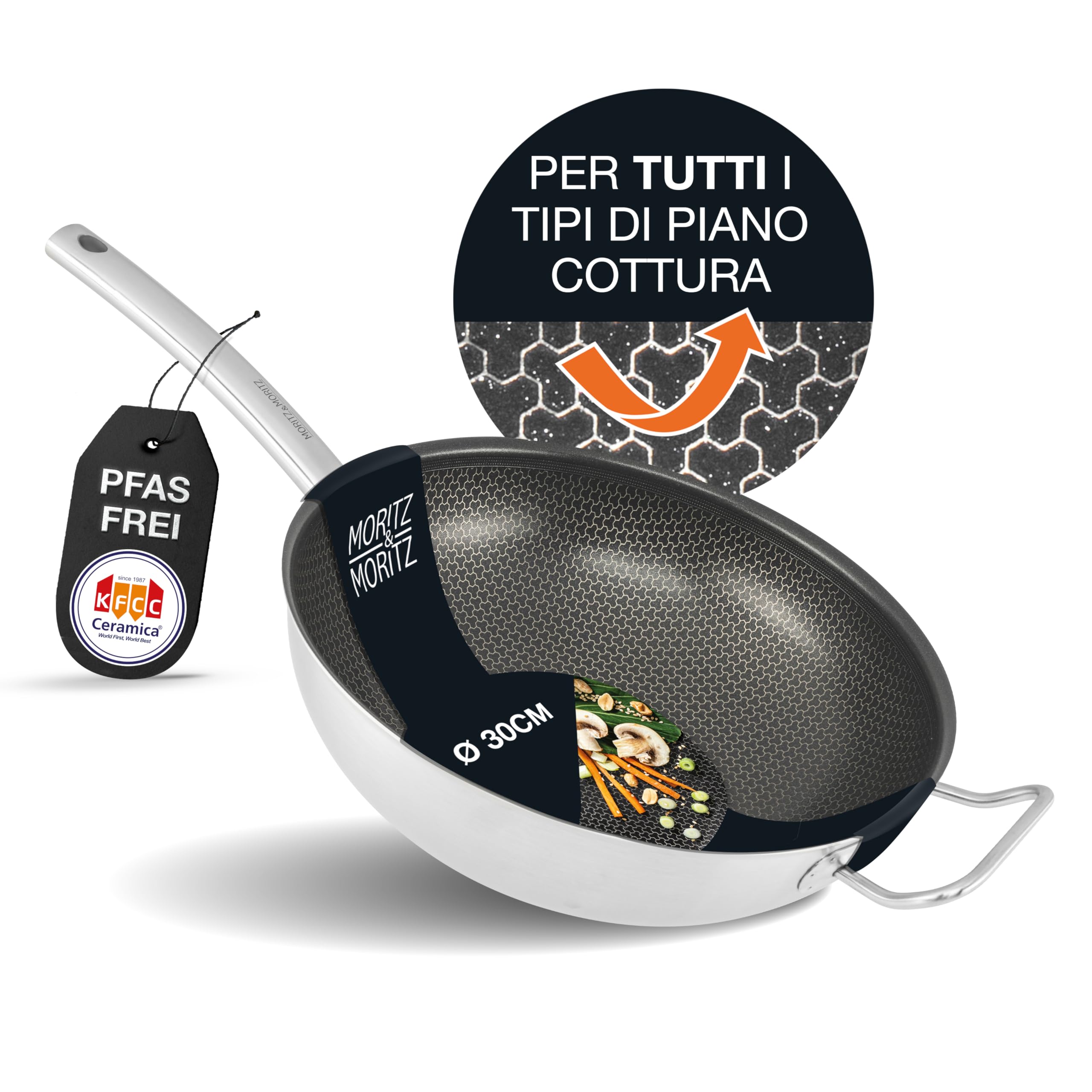 Moritz & Moritz Padella Wok da 30 cm in Acciaio inox con rivestimento in Ceramica - Tutti i tipi di fornelli - Struttura antiaderente a nido d'ape per cucinare, arrostire e cuocere a fuoco lento
