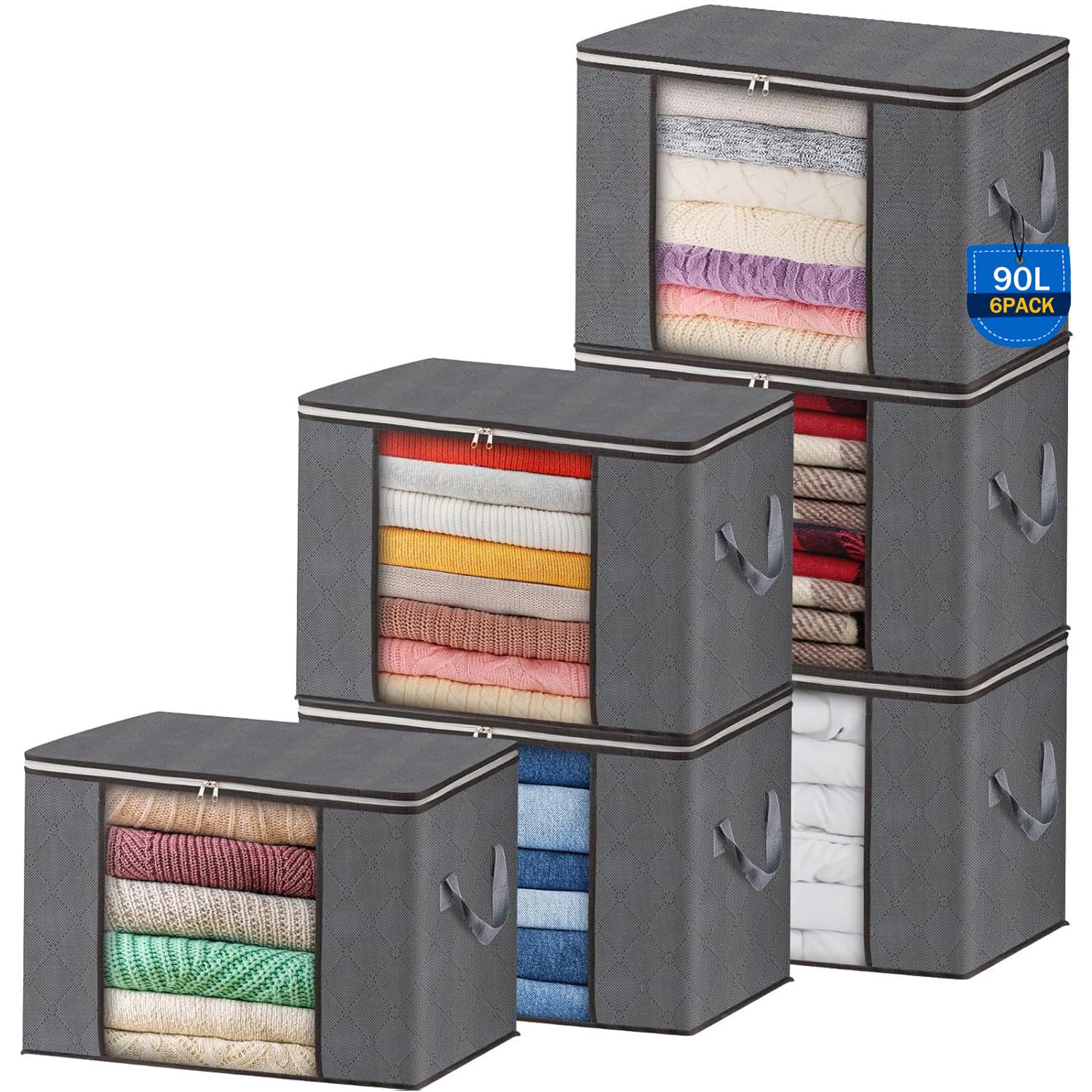 AIOR 6pcs Scatole per Armadio Salvaspazio, 90L Grande Capacità Borsa Porta Abiti con Finestra Trasparente, Pieghevole Traspirante Organizzatore Borsa per Trapunte, Coperte, Biancheria da Letto