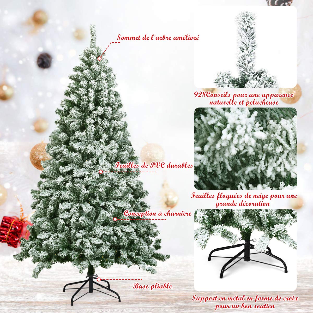 COSTWAY Arbre de Noël Enneigé, Arbre de Noël Artificiel 180CM avec 928 Branches Aiguilles en PVC, Support Métallique Solide et Pliable pour Fête Familiale, Bureau, Magasin (180CM)