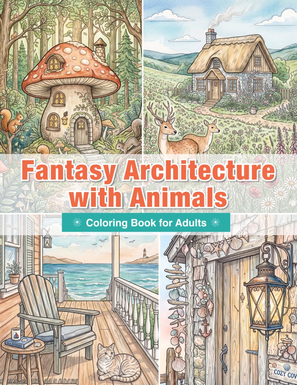 Whimsical Fantasy Architecture Coloring Book with Gentle Animals: Dreamlike Worlds to Relax Your Mind