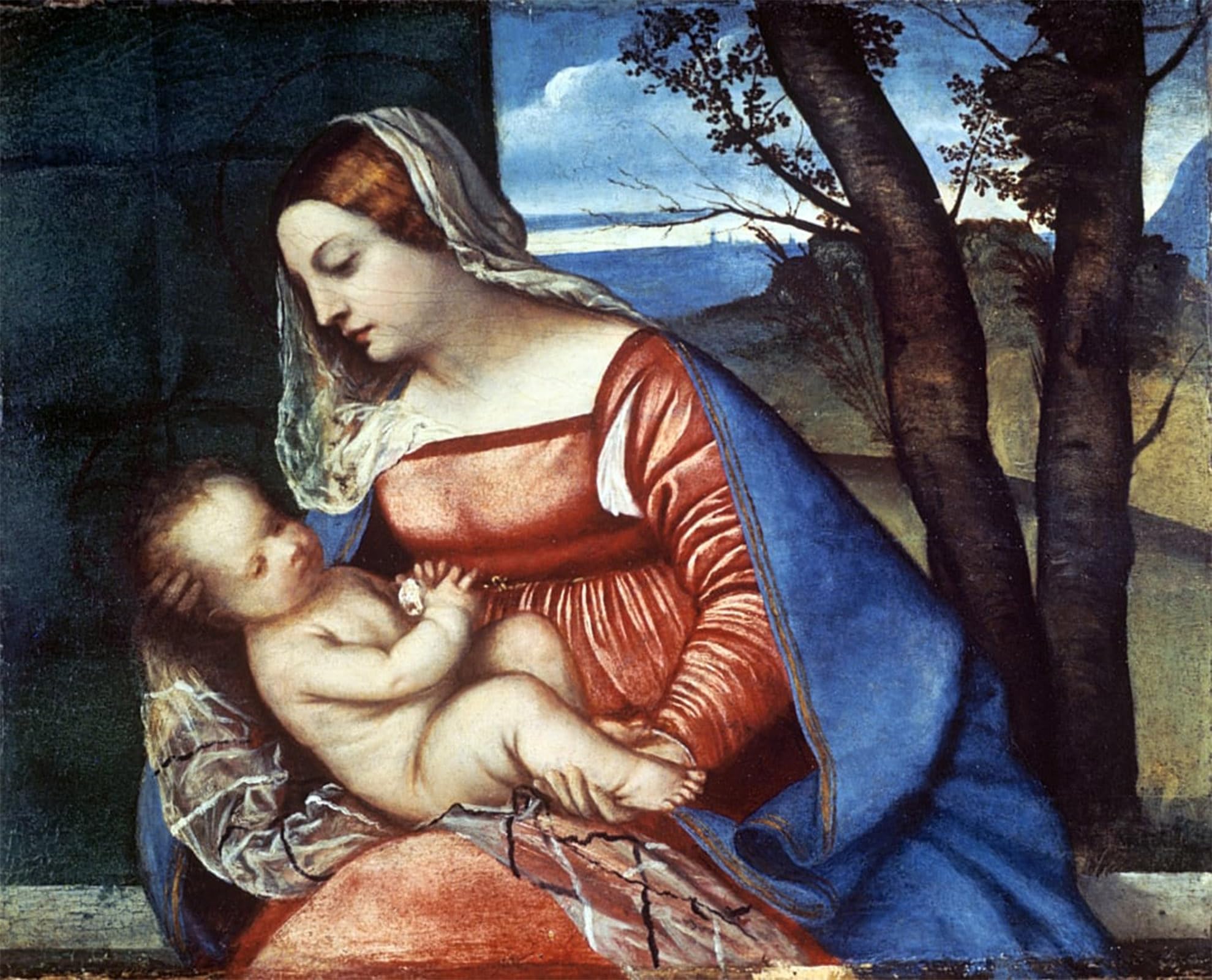 Posteriik No Frame Famous Modern Artwork Art Mural Lady And Child By Tiziano Vecelli Oil Paintings Pictures For Home Decor 60X90cm